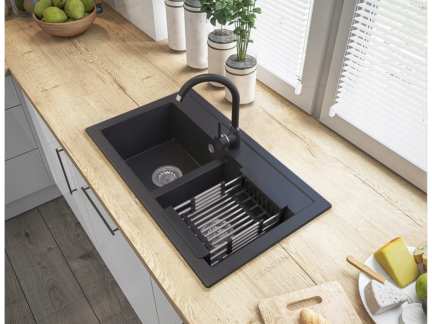 Évier en granit noir Évier DOUBLE avec égouttoir mitigeur de cuisine DUET