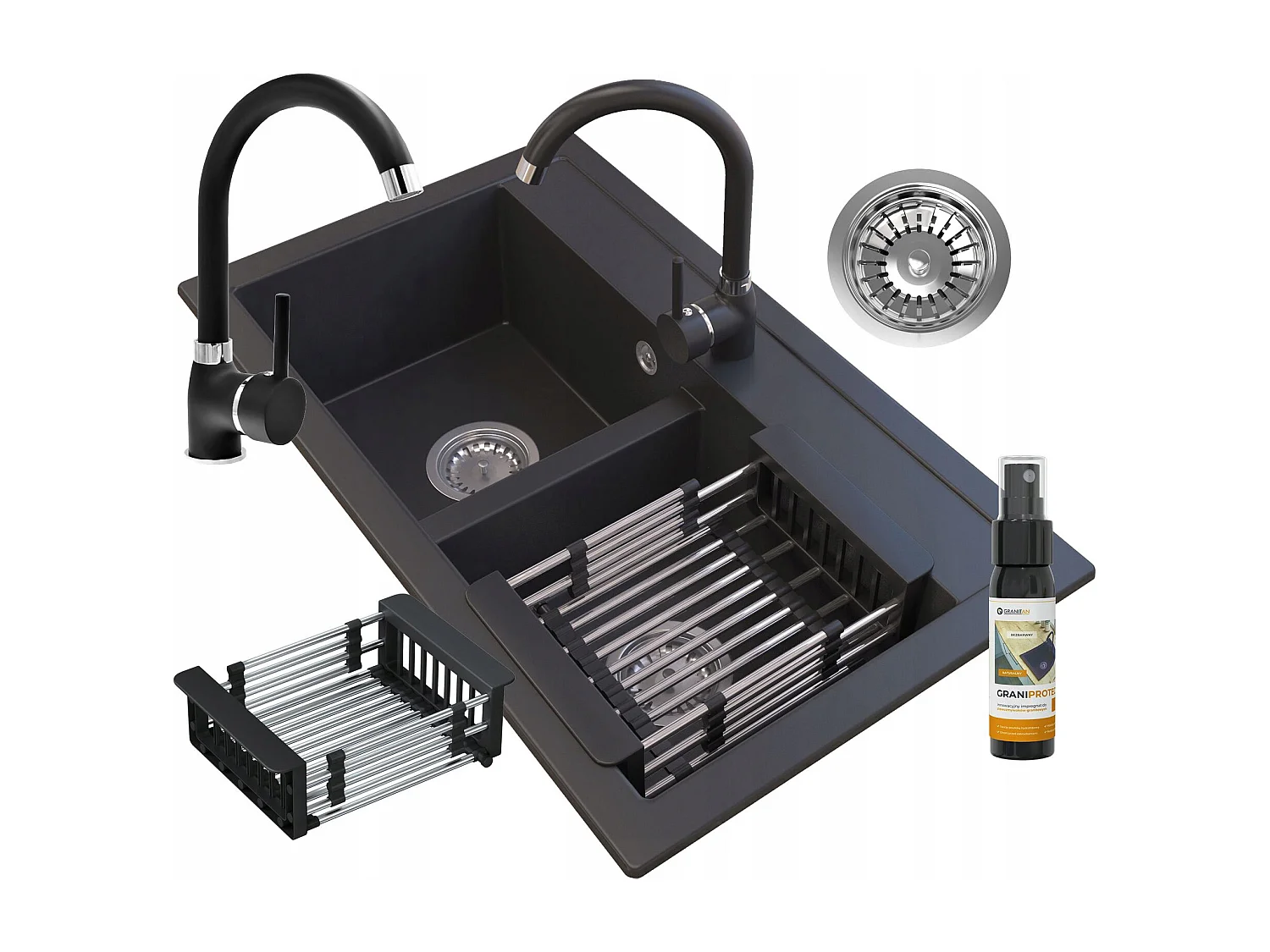 Évier en granit noir Évier DOUBLE avec égouttoir mitigeur de cuisine DUET
