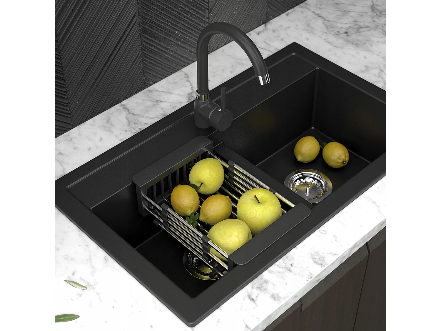 Évier en granit noir Évier DOUBLE avec égouttoir mitigeur de cuisine DUET