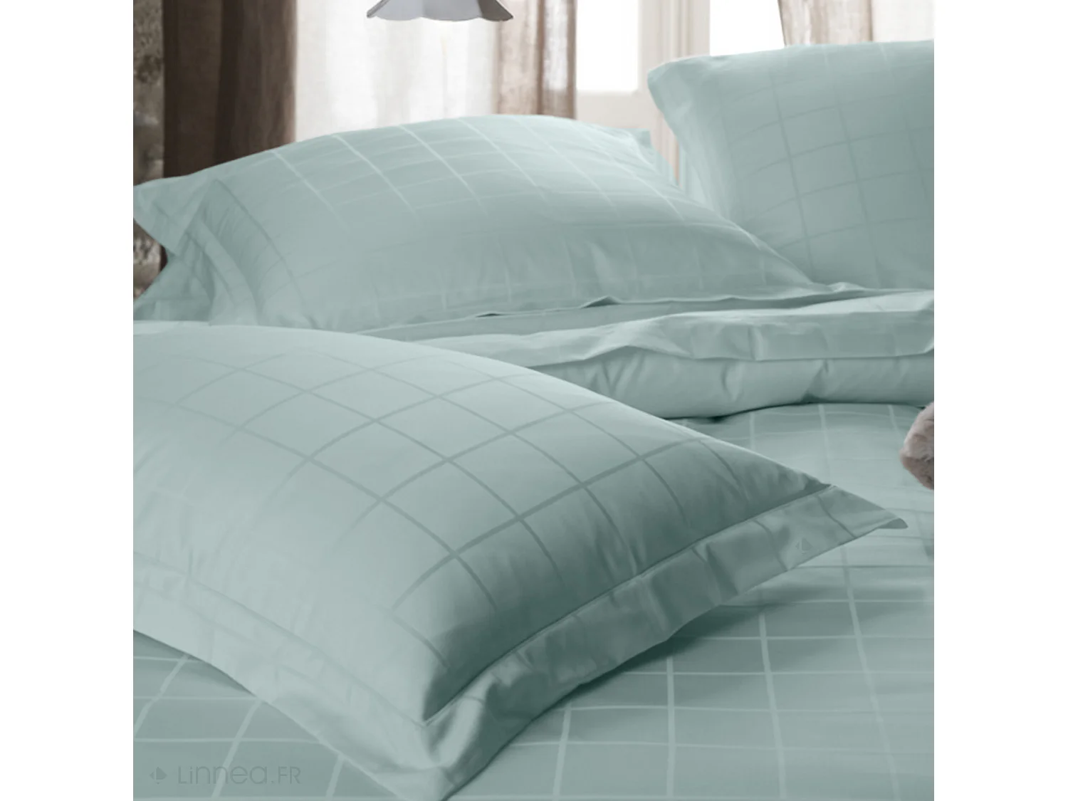Parure de lit 280x240 cm set 50x70 satin CONCERTO carreaux vert Lichen