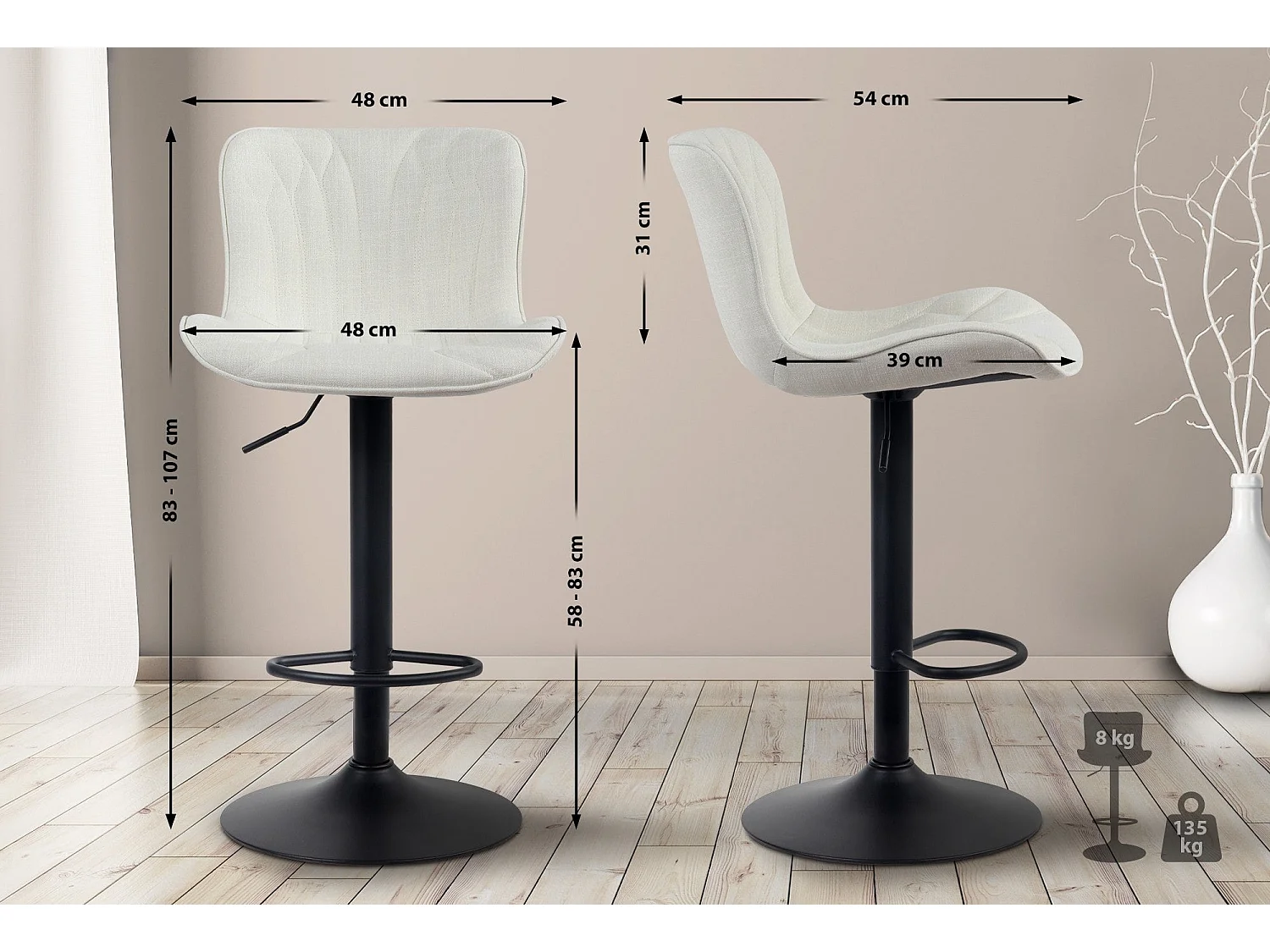 Tabouret de bar chaise métal crème 48 x 54 x 83 cm 10_0005176