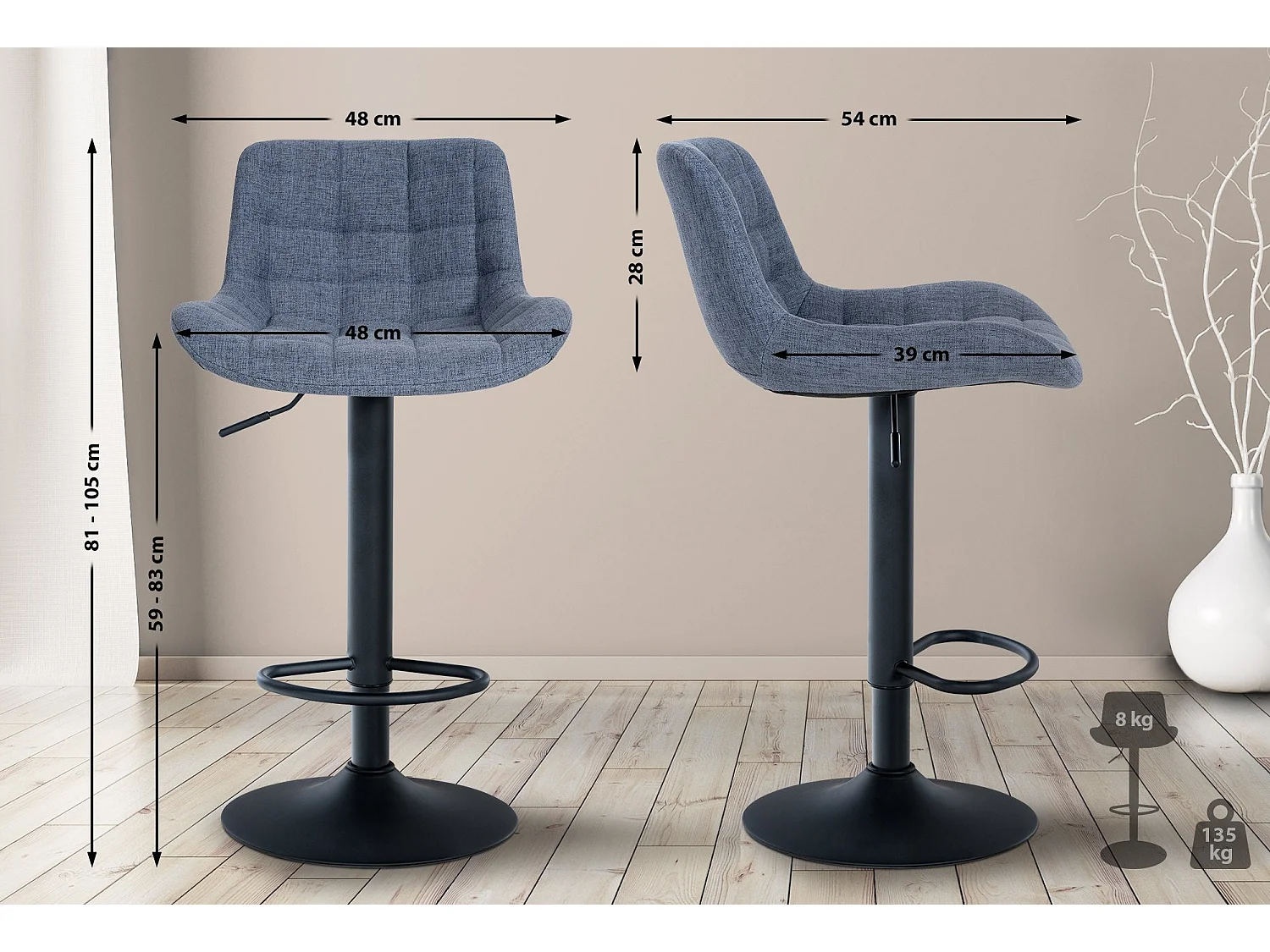 Tabouret de bar x1 métal bleue 48 x 54 x 81 cm 10_0005449