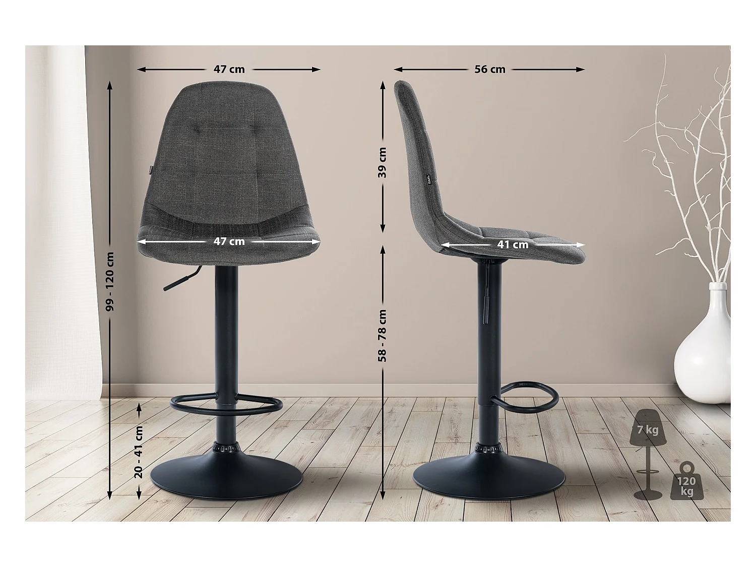Tabouret de bar x1 métal grise 47 x 56 x 99 cm 10_0004839