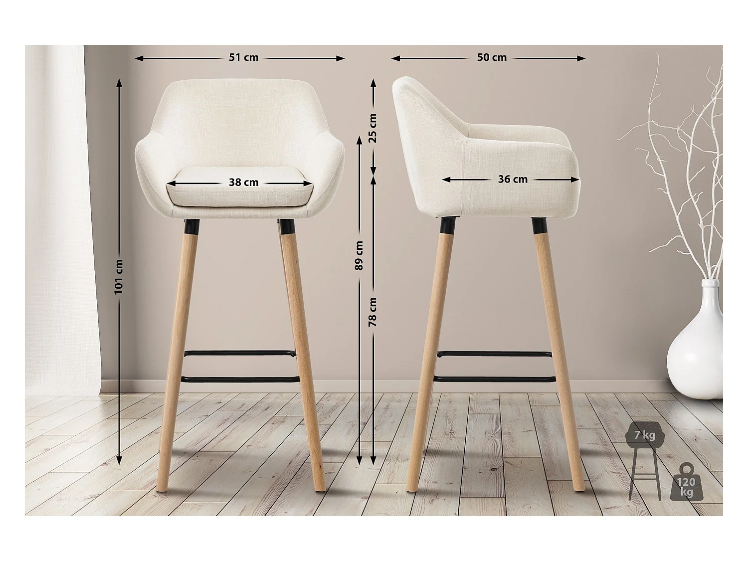 Tabouret de bar lounge métal beige 51 x 50 x 101 cm 10_0004915