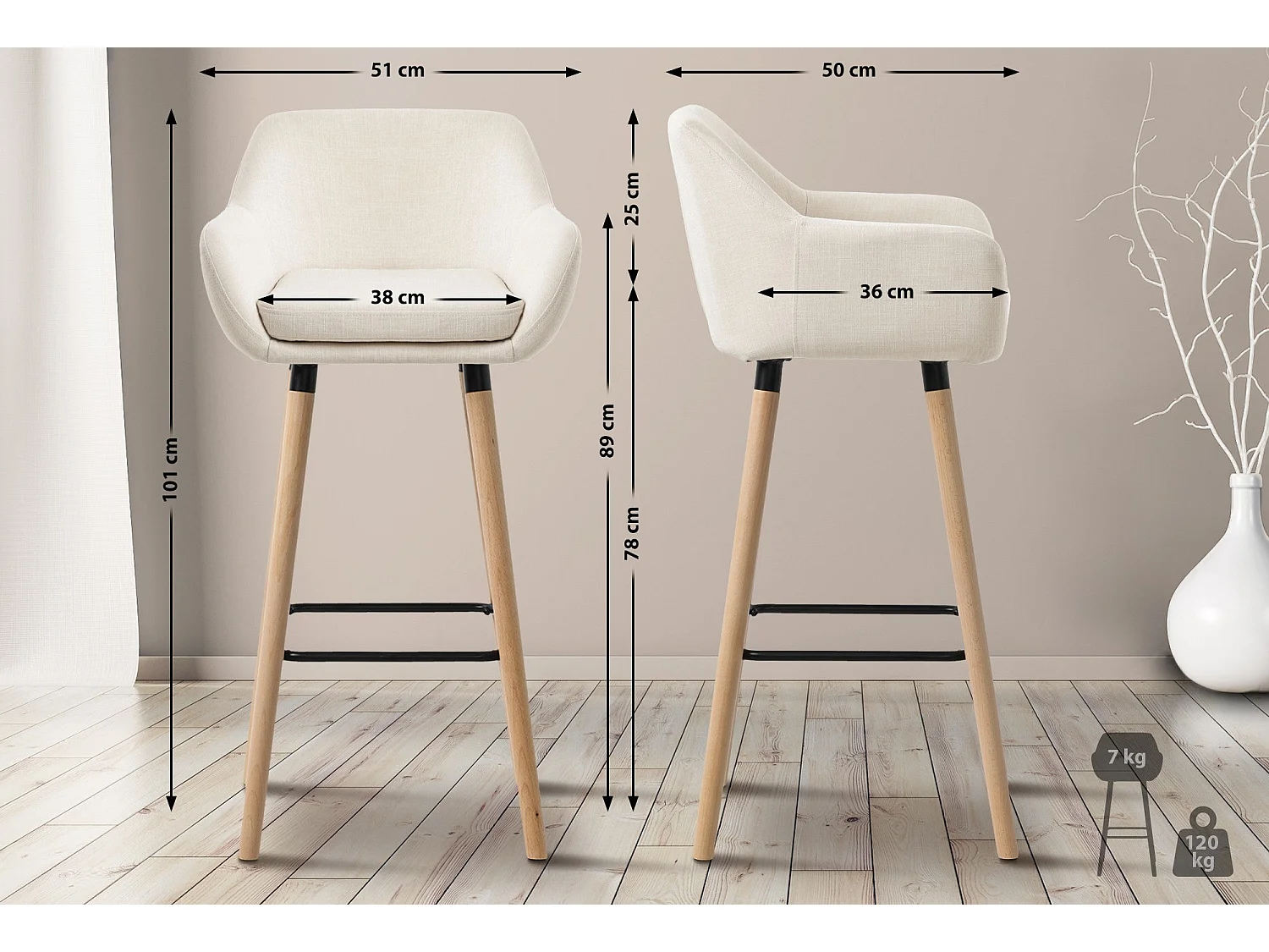 Tabouret de bar lounge métal beige 51 x 50 x 101 cm 10_0004915