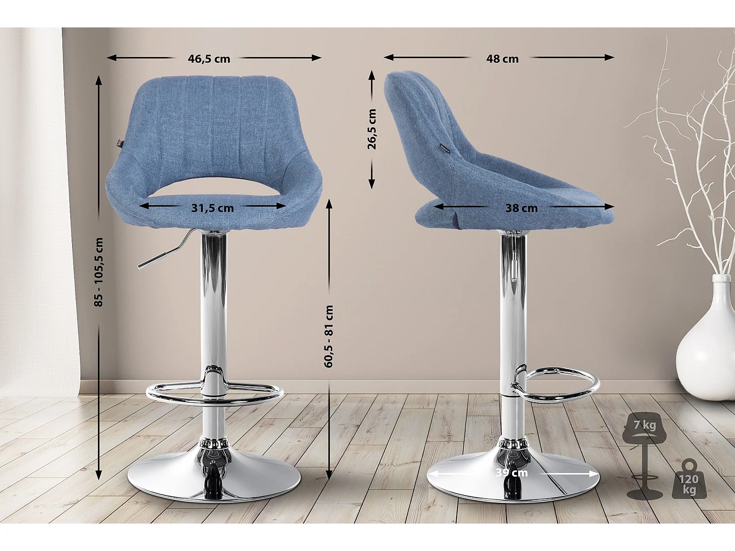 Lot de 2 tabourets métal bleue 47 x 48 x 85 cm TDB10813