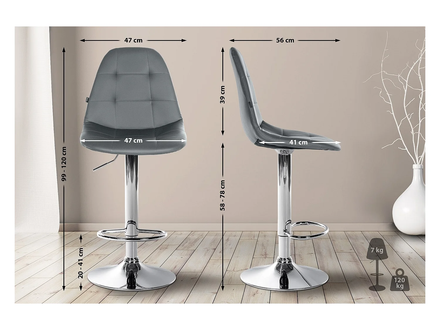 Tabouret de bar x1 métal grise 47 x 56 x 58 cm 10_0004823