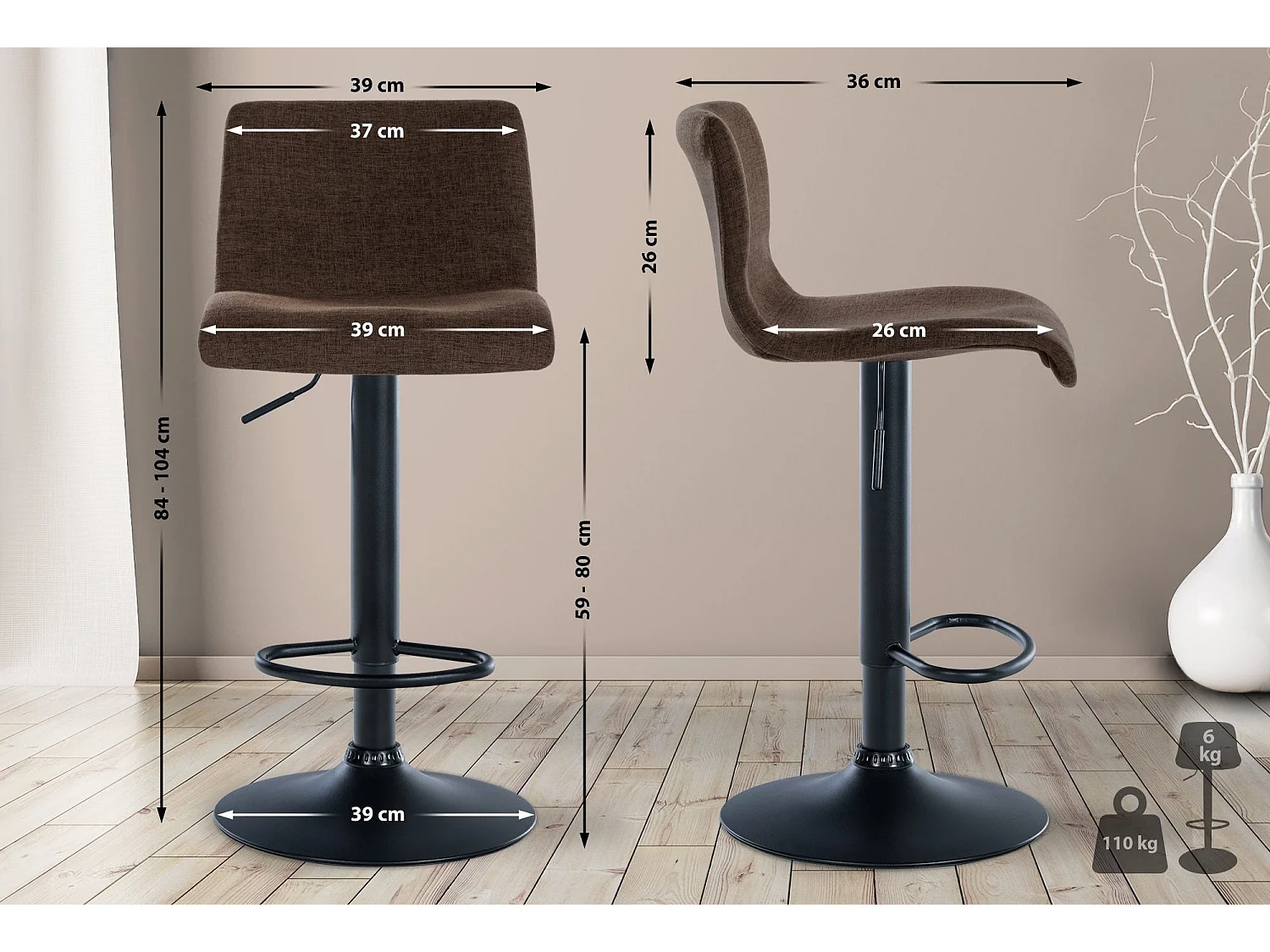 Tabouret de bar x1 métal marron 39 x 36 x 84 cm 10_0004554