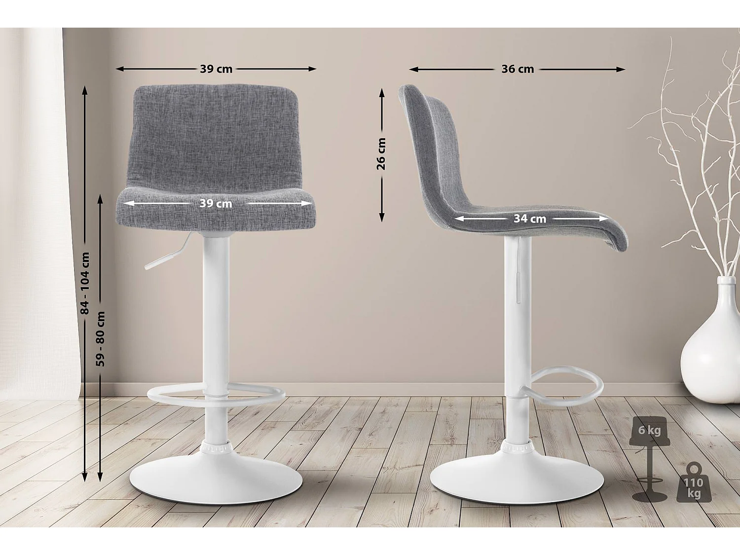 Tabouret de bar x1 métal blanche 39 x 36 x 84 cm 10_0004980