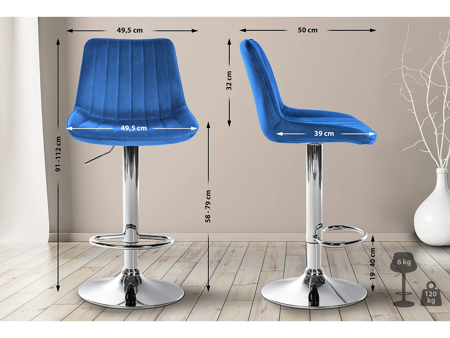 Tabouret de bar x1 métal bleue 49.5 x 50 x 91 cm 10_0005428