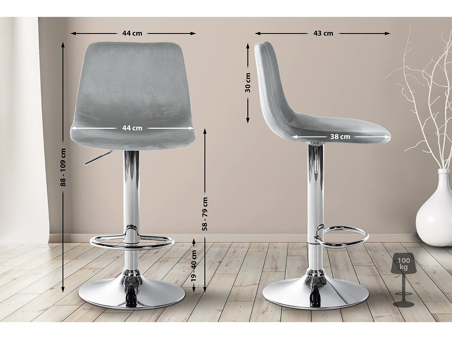 Tabouret de bar x1 métal grise 44 x 43 x 88 cm 10_0004778