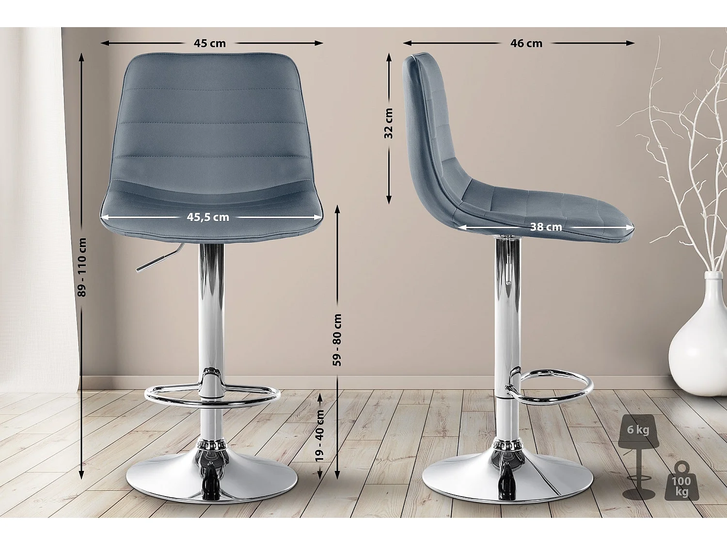 Tabouret de bar chaise métal grise 45 x 46 x 89 cm 10_0005120