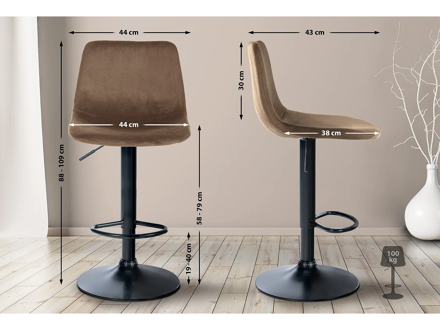 Tabouret de bar x1 métal marron 44 x 43 x 88 cm 10_0004781