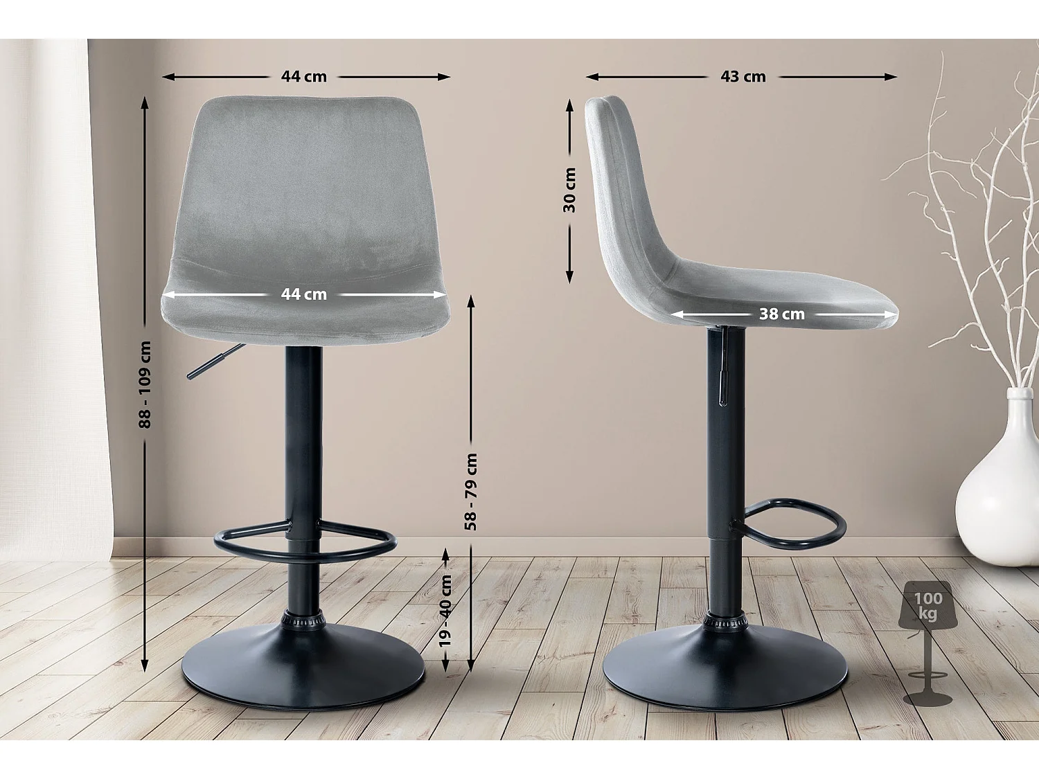 Tabouret de bar x1 métal grise 44 x 43 x 88 cm 10_0004782