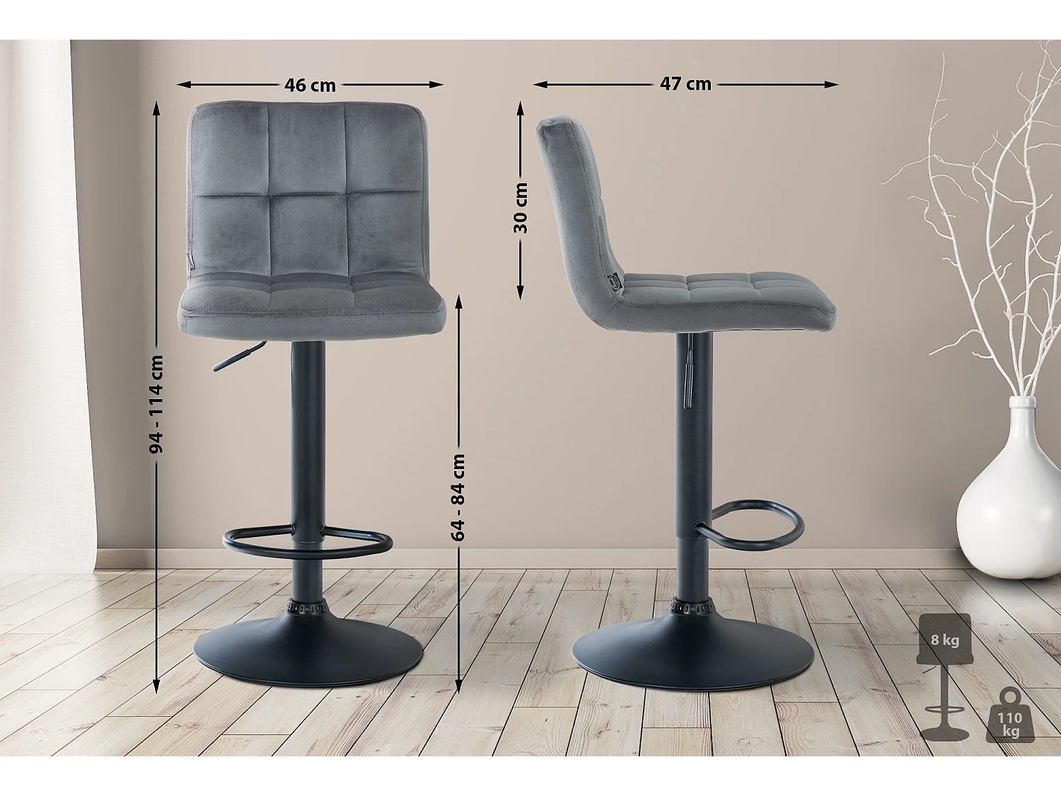 Tabouret de bar chaise métal grise 46 x 47 x 94 cm 10_0005331