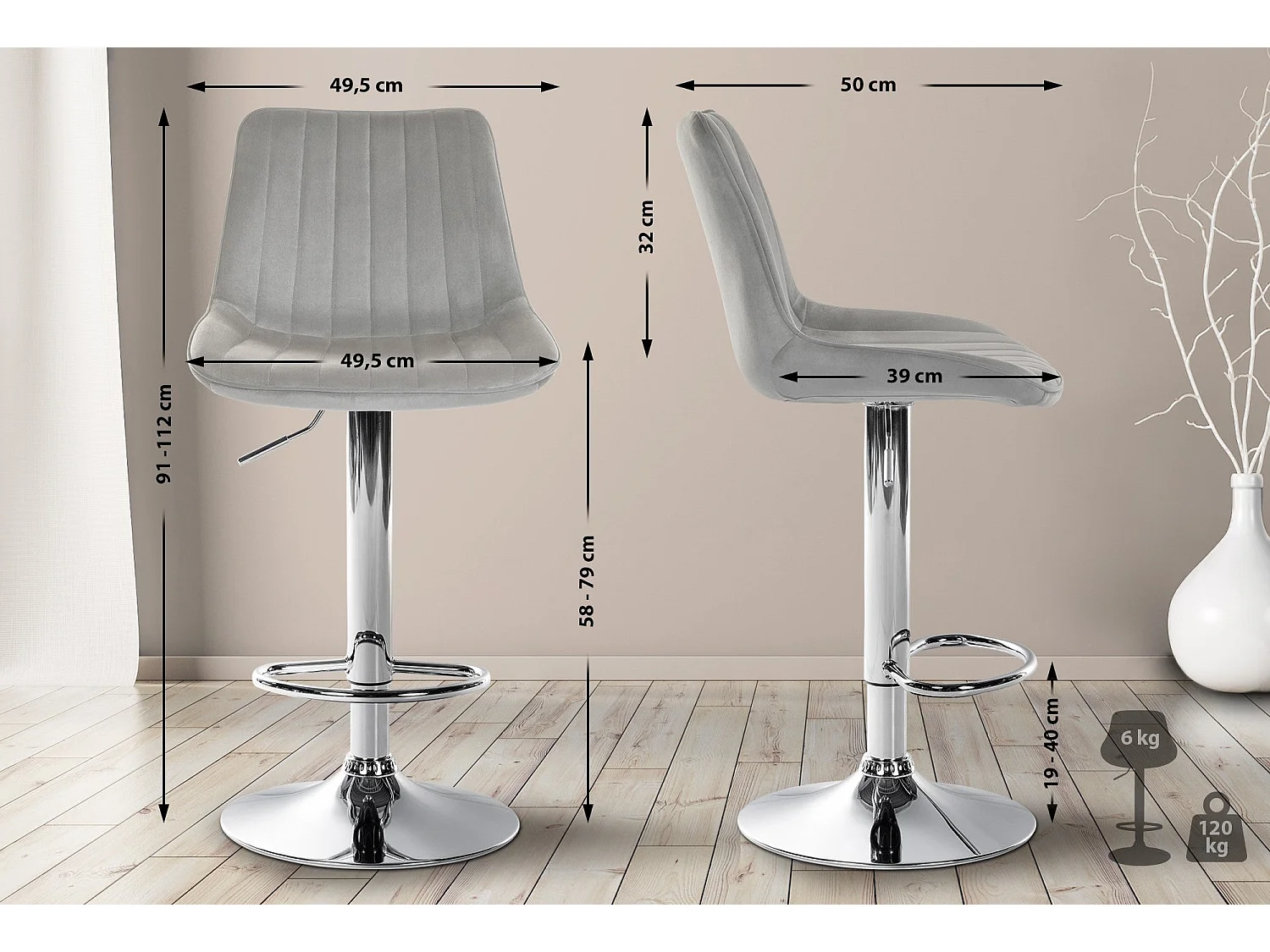 Lot de 2 tabourets métal grise 49.5 x 50 x 91 cm 10_0004427
