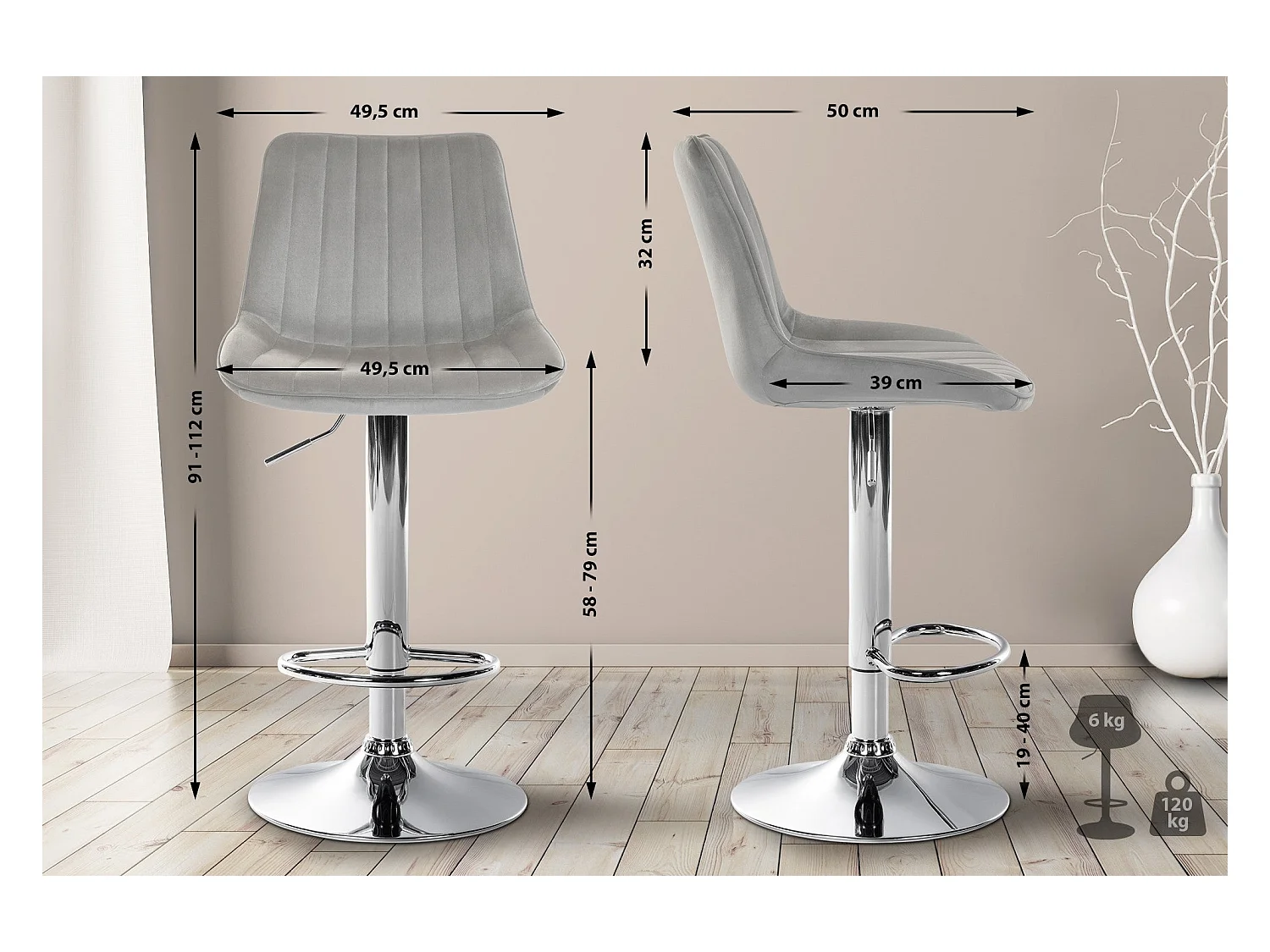 Lot de 2 tabourets métal grise 49.5 x 50 x 91 cm 10_0004427