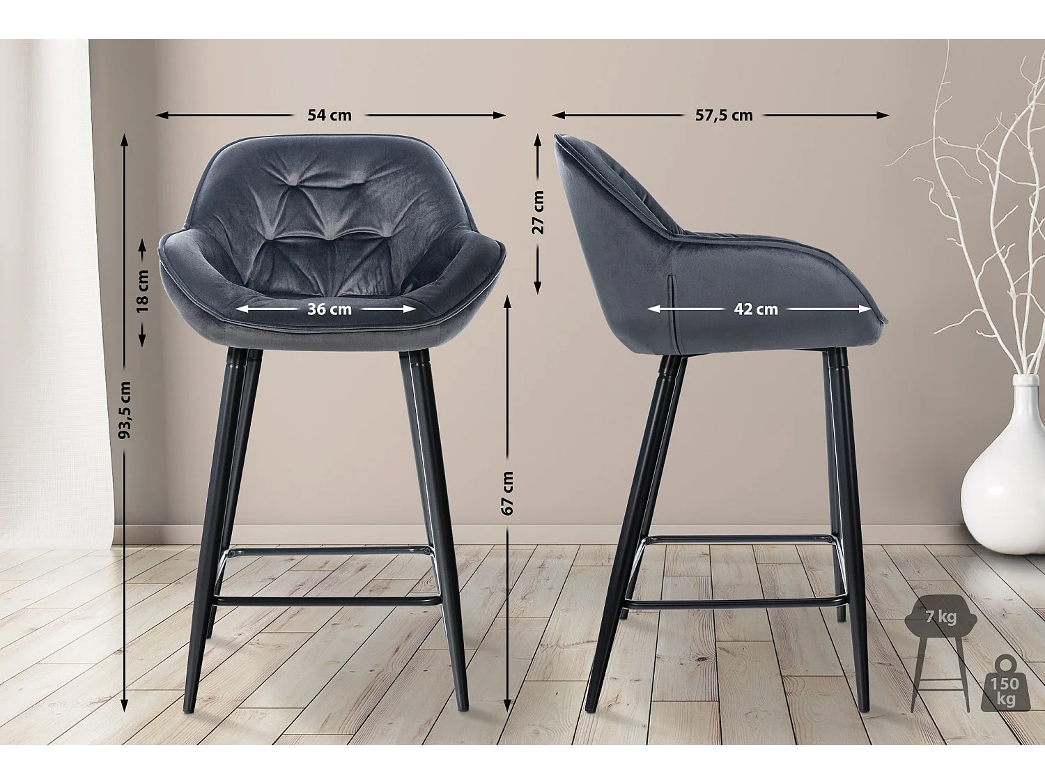 Lot de 2 tabourets métal grise 54 x 57.5 x 93.5 cm 10_0004161