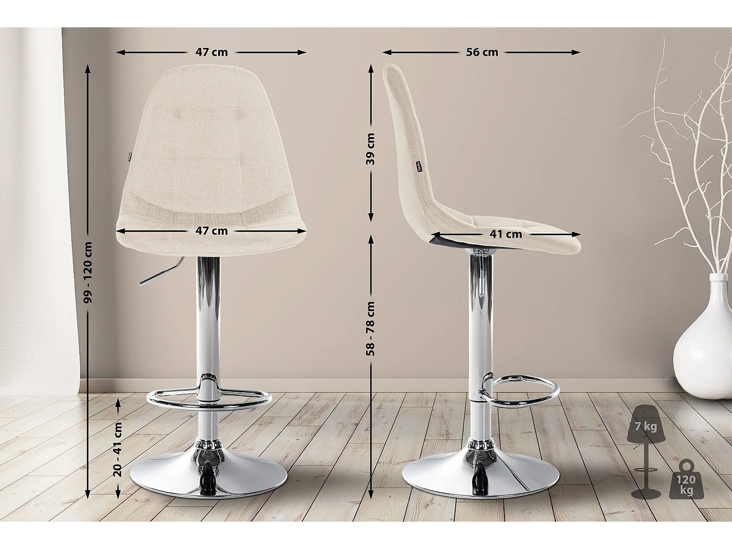 Tabouret de bar x1 métal crème 47 x 56 x 99 cm 10_0004844