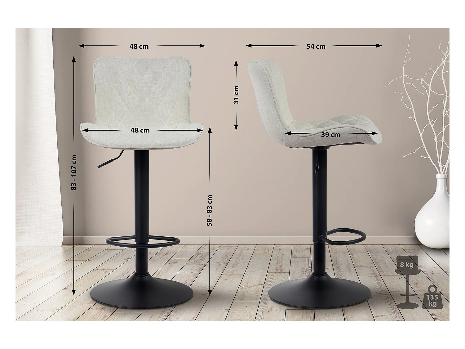 Tabouret de bar x1 métal crème 48 x 54 x 83 cm 10_0004865