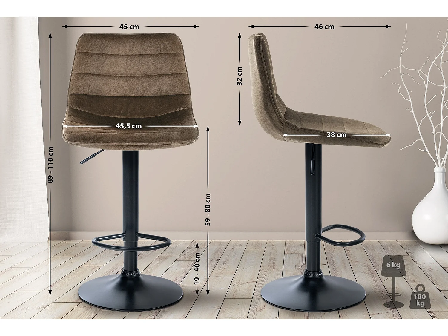 Tabouret de bar chaise métal marron 45 x 46 x 89 cm 10_0005135