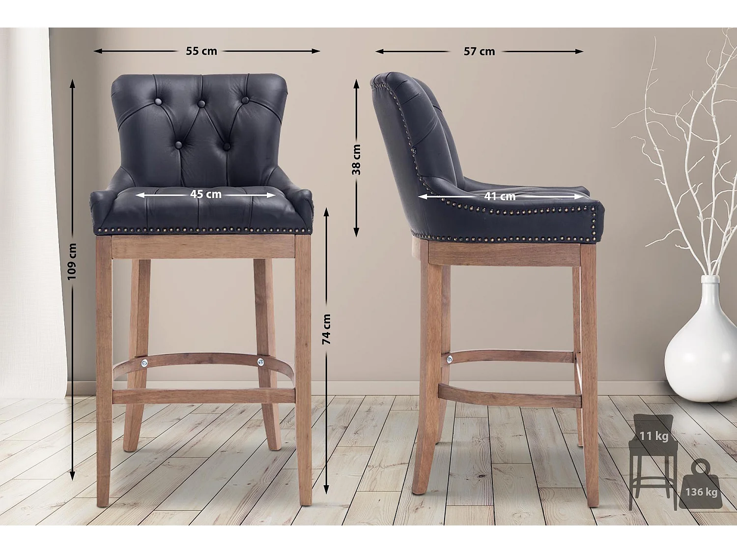 Tabouret de bar x1 cuir marron 55 x 57 x 109 cm 10_0005057