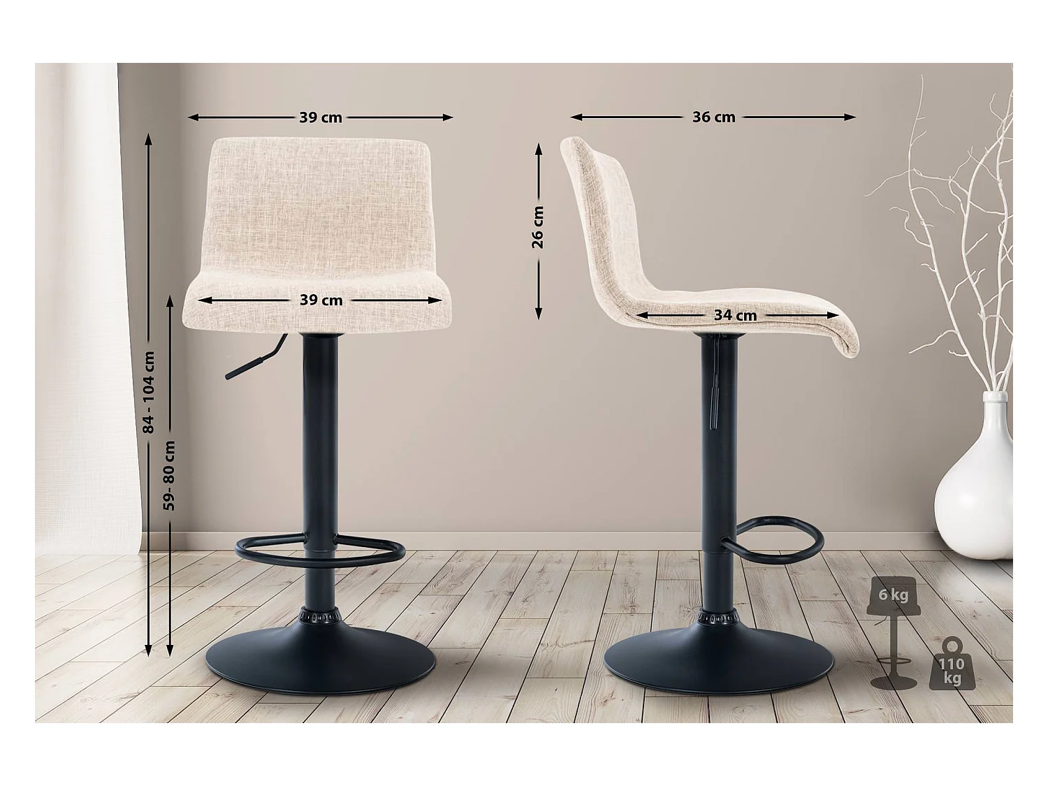 Tabouret de bar avec métal crème 39 x 36 x 84 cm 10_0004960