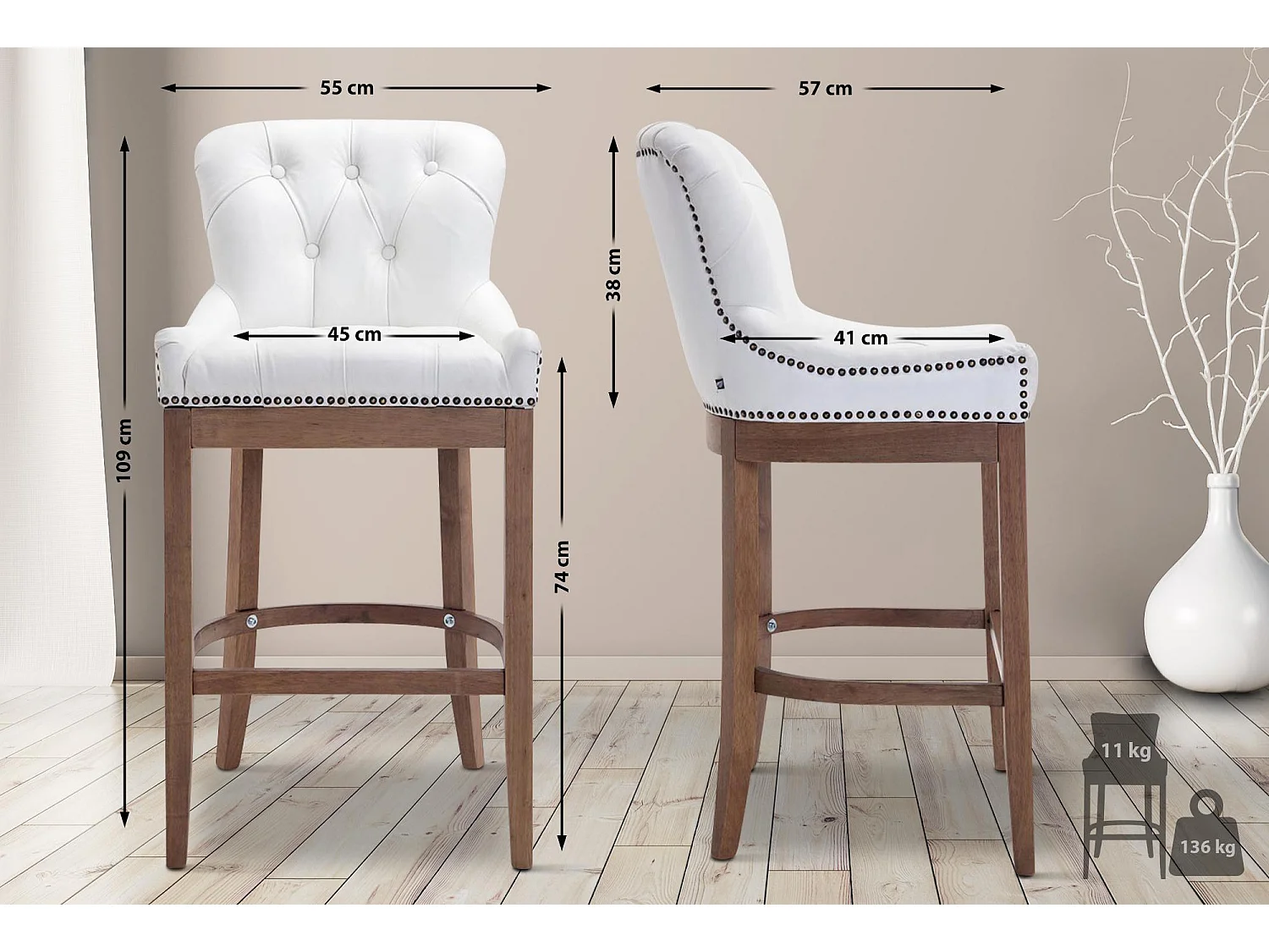 Tabouret de bar x1 cuir blanche 55 x 57 x 109 cm 10_0005059