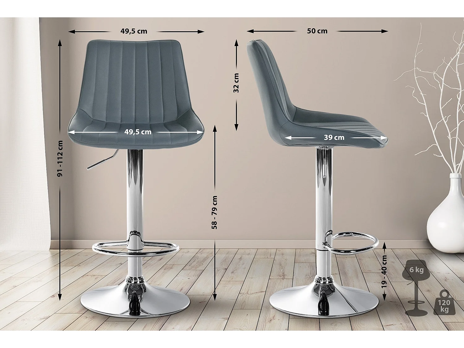 Lot de 2 tabourets métal grise 49.5 x 50 x 91 cm 10_0004420