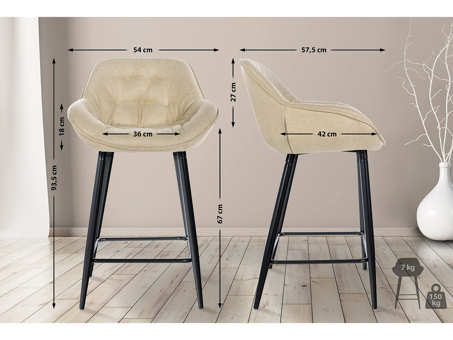 Tabouret de bar chaise métal crème 54 x 57.5 x 93.5 cm 10_0004901