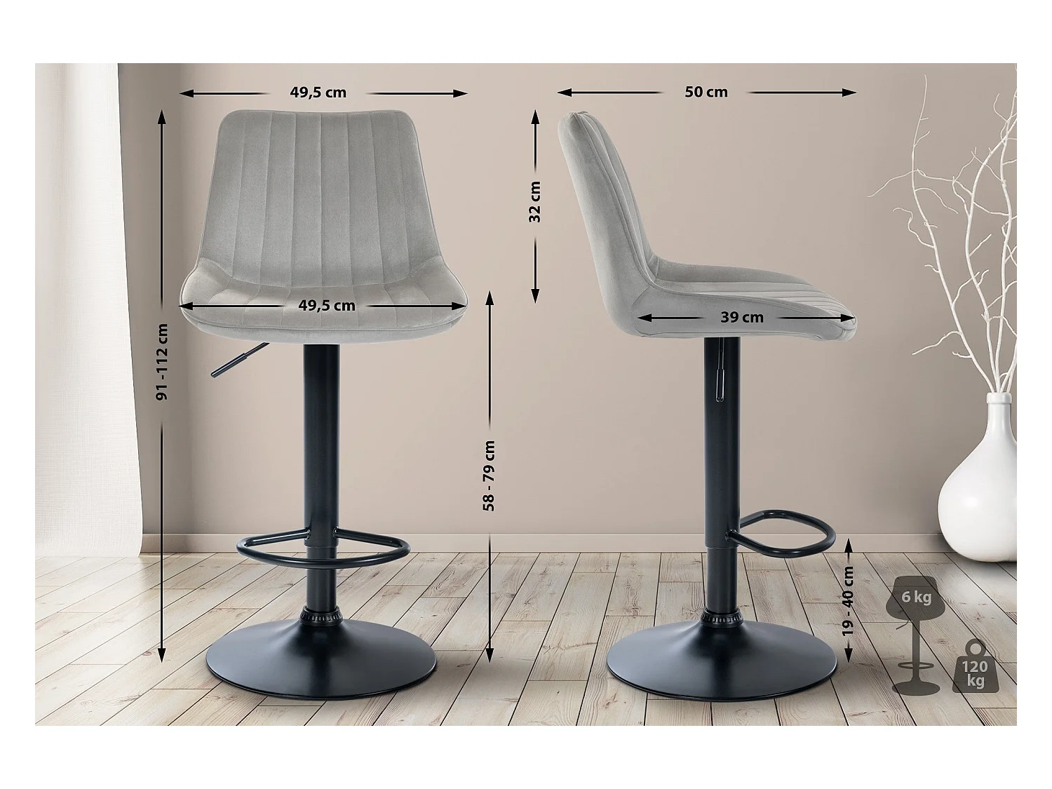Tabouret de bar x1 métal grise 49.5 x 50 x 91 cm 10_0005429