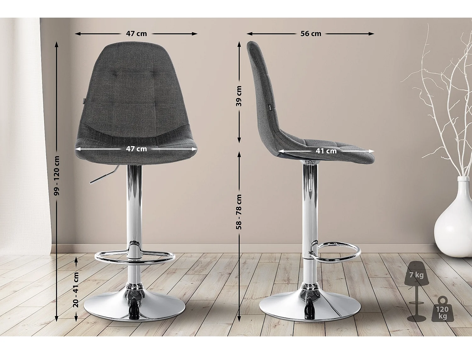 Tabouret de bar x1 métal grise 47 x 56 x 99 cm 10_0004845