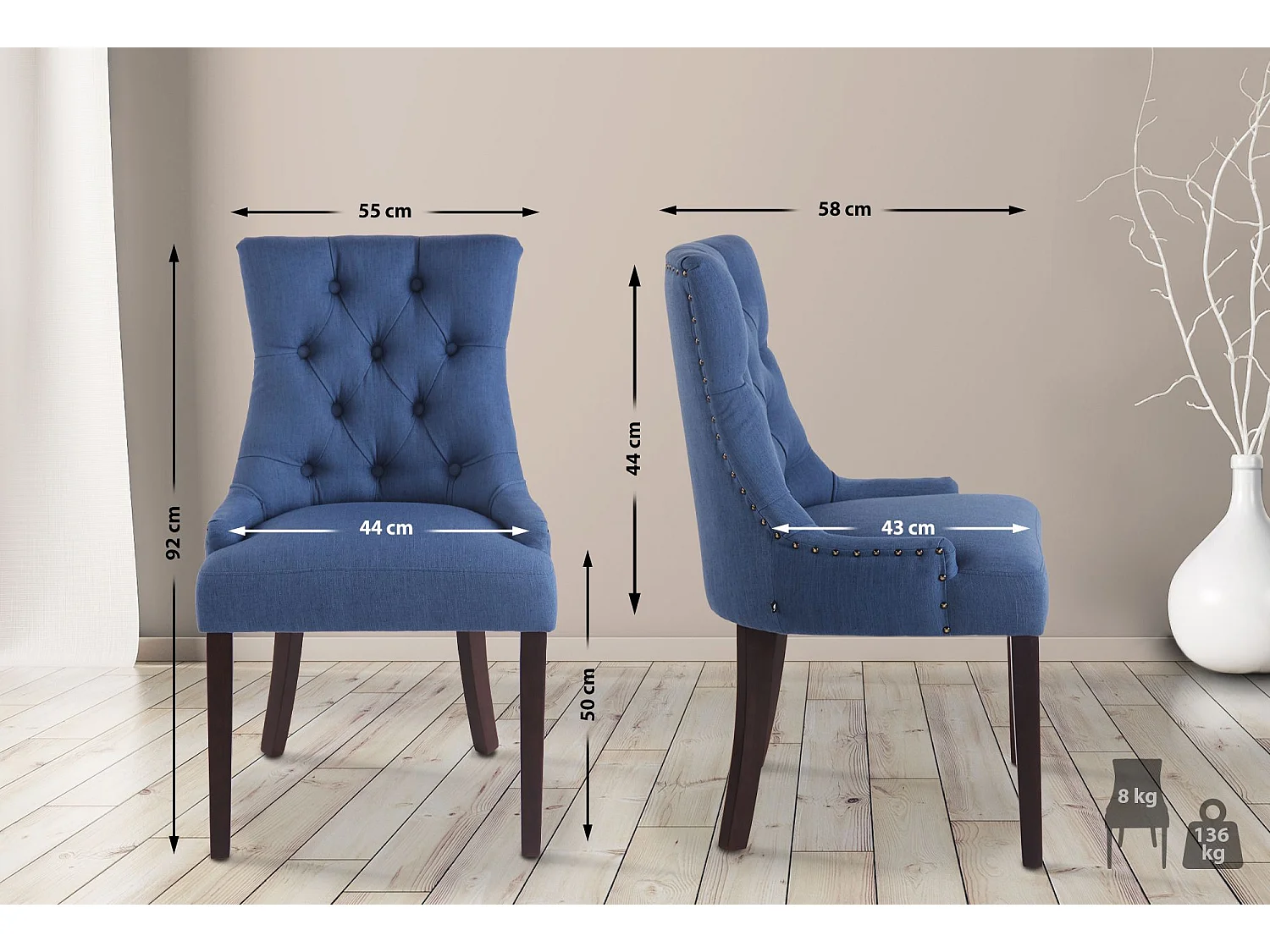 Lot de 2 chaises de salle à manger avec boutons décoratives assise en tissu bleu pieds marron foncé 10_0001516