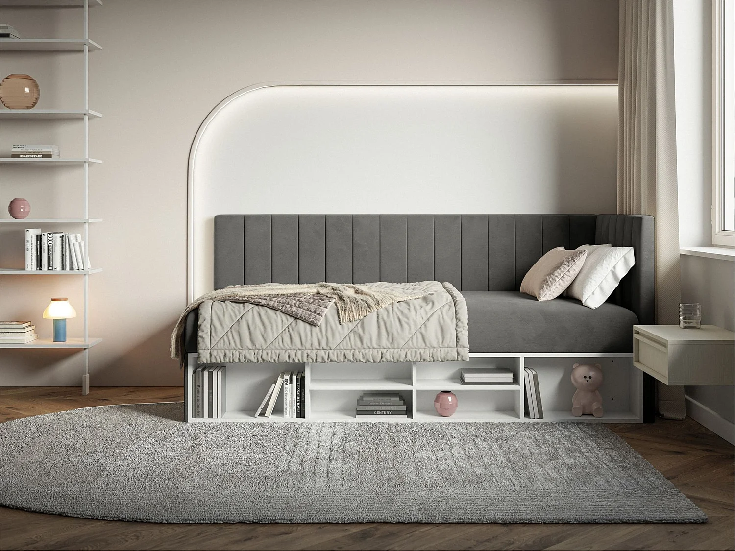 Tienerbed met opbergruimte - donkergrijs - rechterkant - VENTRIO