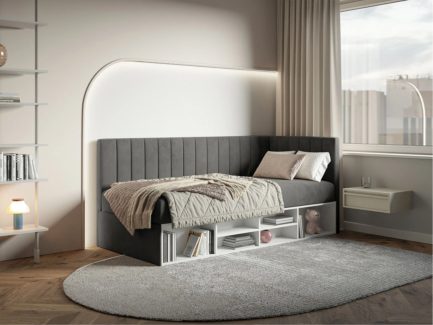 Tienerbed met opbergruimte - donkergrijs - rechterkant - VENTRIO