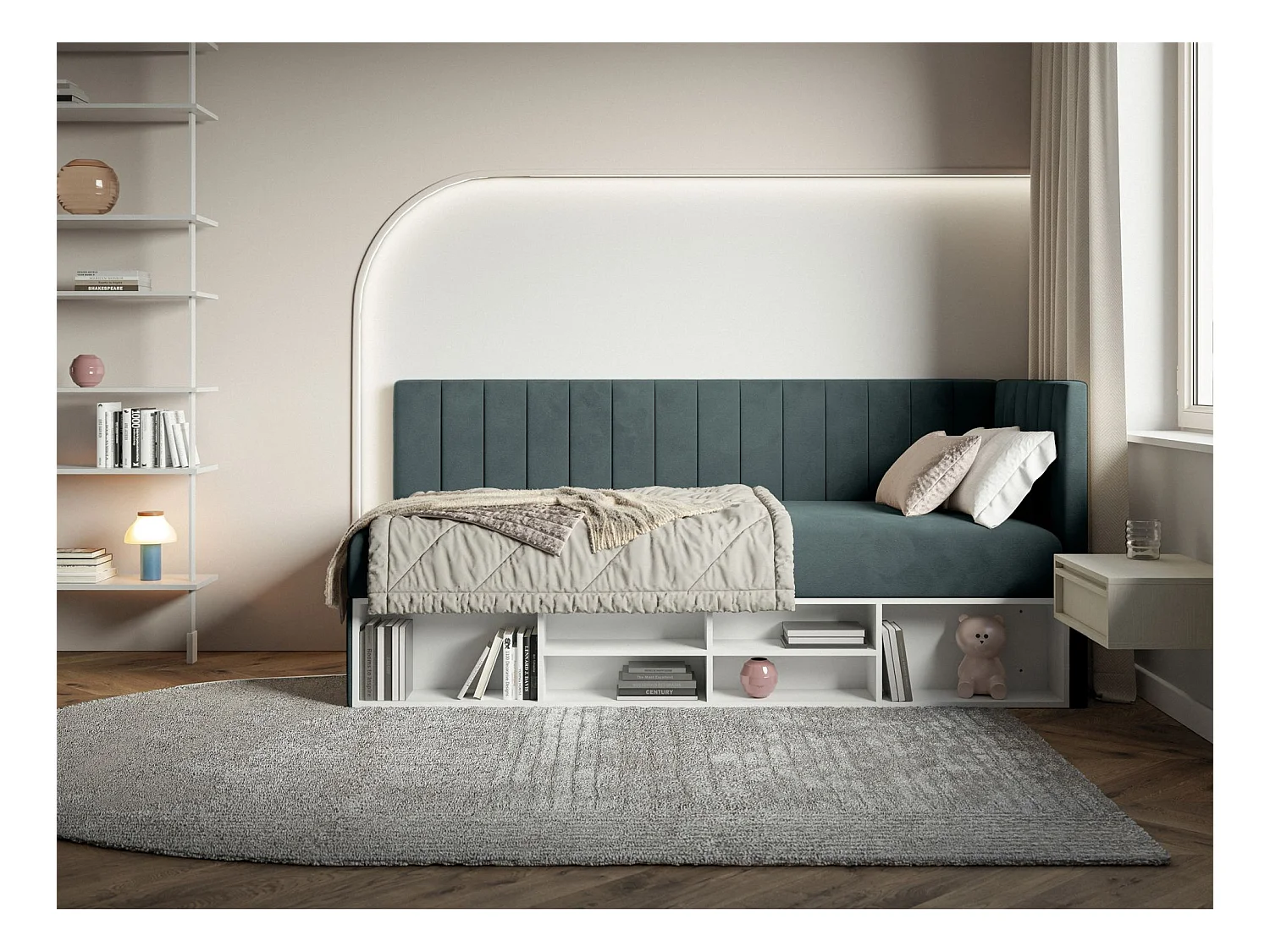 Lit ado avec rangement - bleu gris - côté droit - VENTRIO