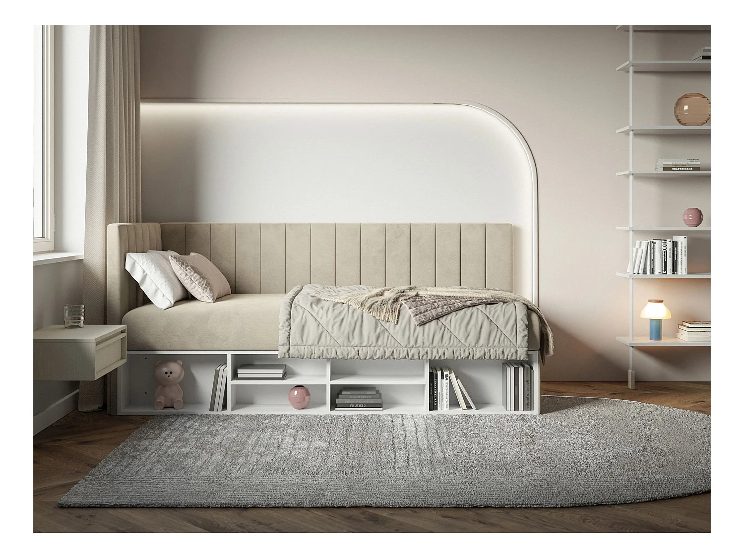 Jugendbett linksseitig mit Regalen, Easy-Clean-Samtbezug, hellbeige - VENTRIO