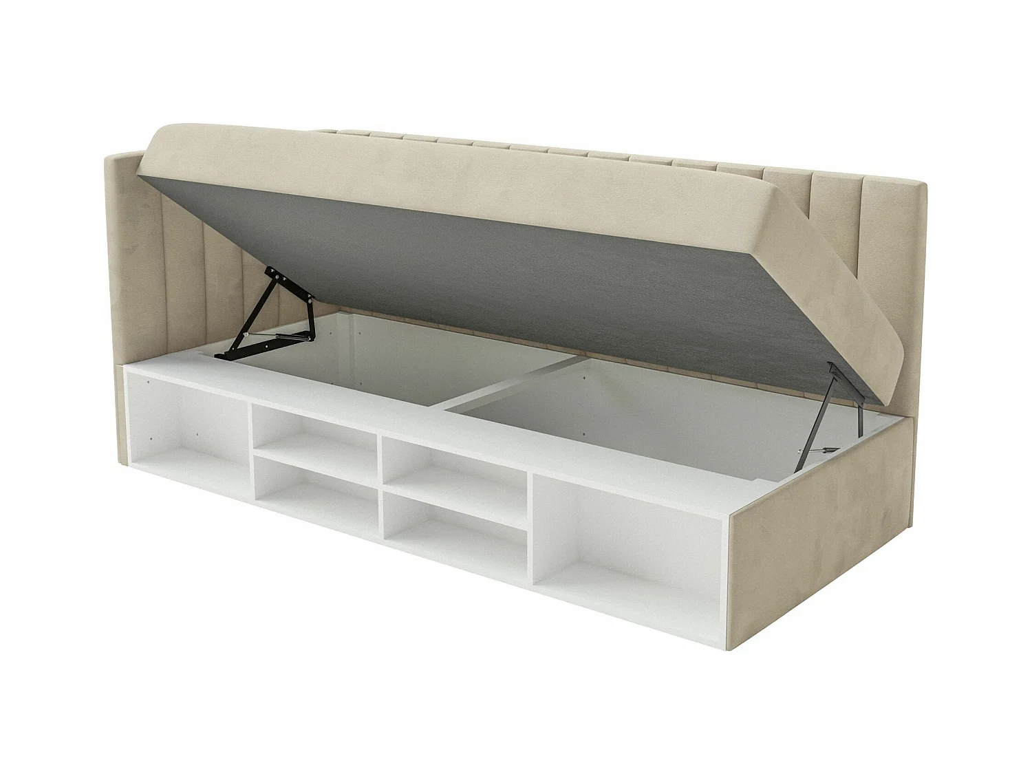Jugendbett linksseitig mit Regalen, Easy-Clean-Samtbezug, hellbeige - VENTRIO