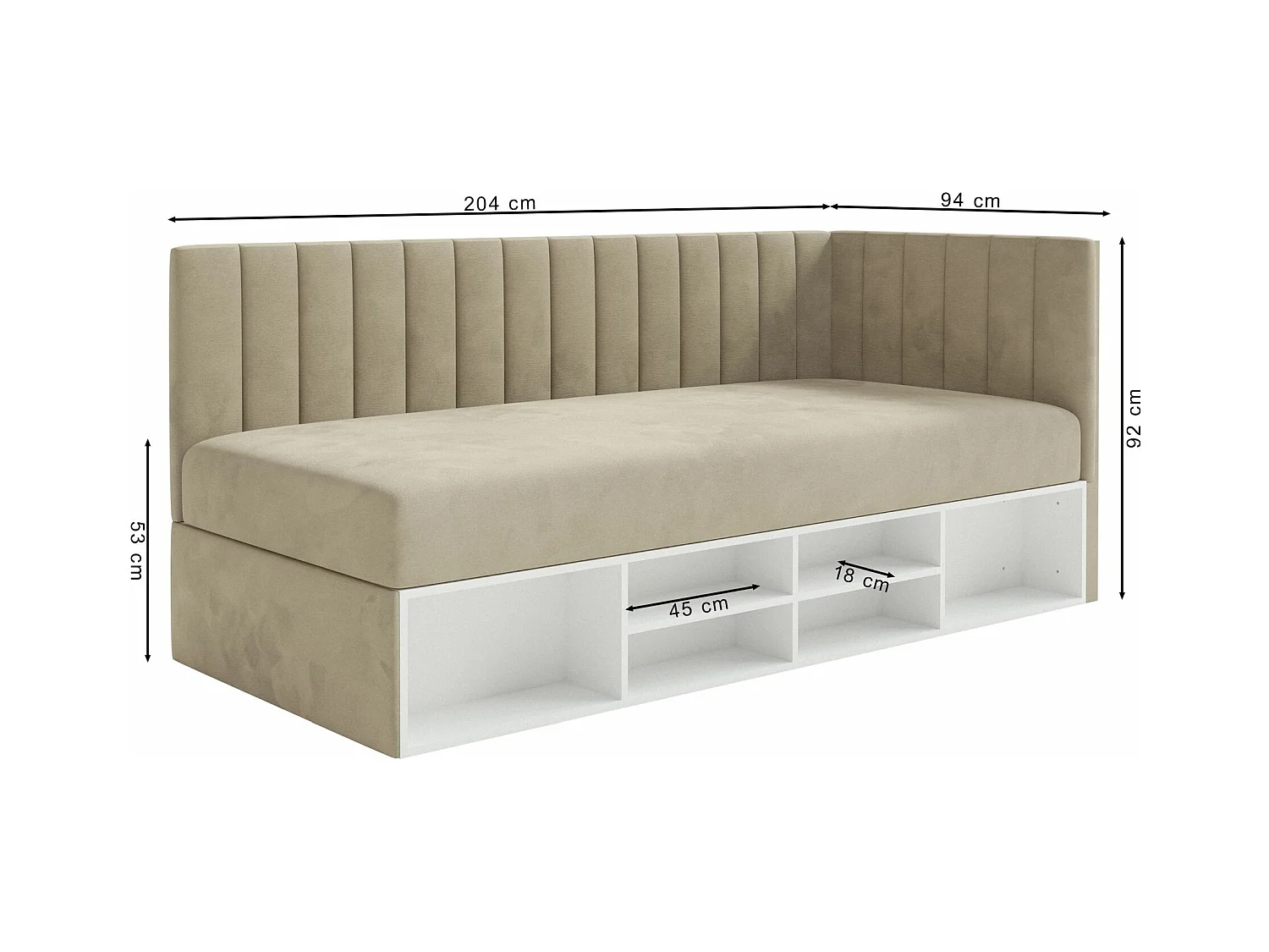 Jugendbett linksseitig mit Regalen, Easy-Clean-Samtbezug, hellbeige - VENTRIO