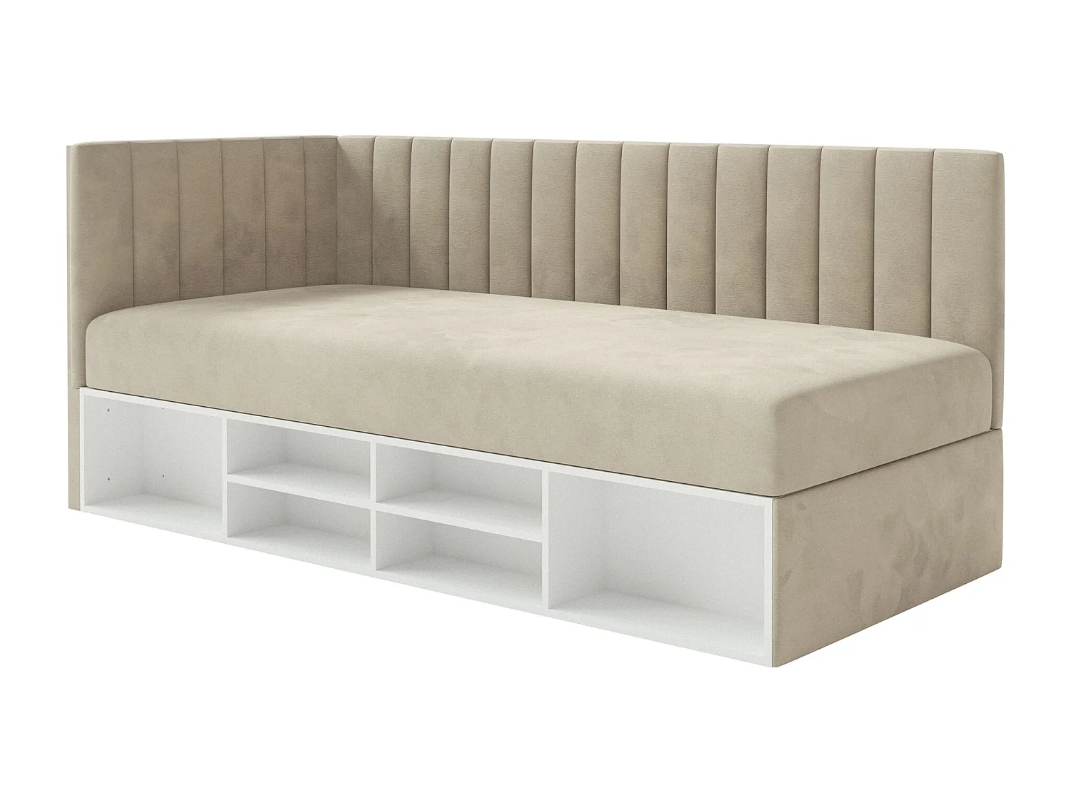 Jugendbett linksseitig mit Regalen, Easy-Clean-Samtbezug, hellbeige - VENTRIO