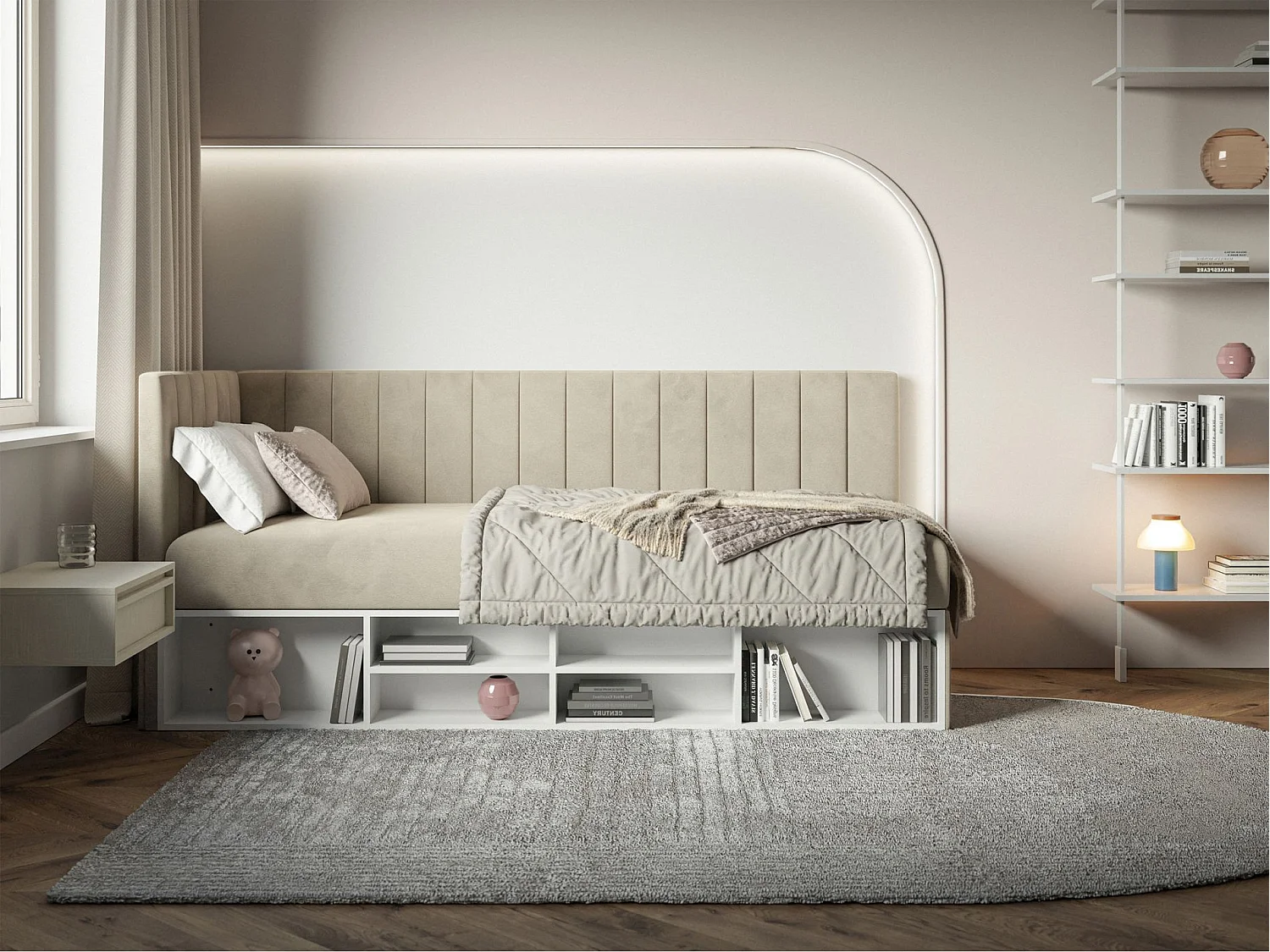 Lit ado avec rangement - beige clair - côté gauche - VENTRIO