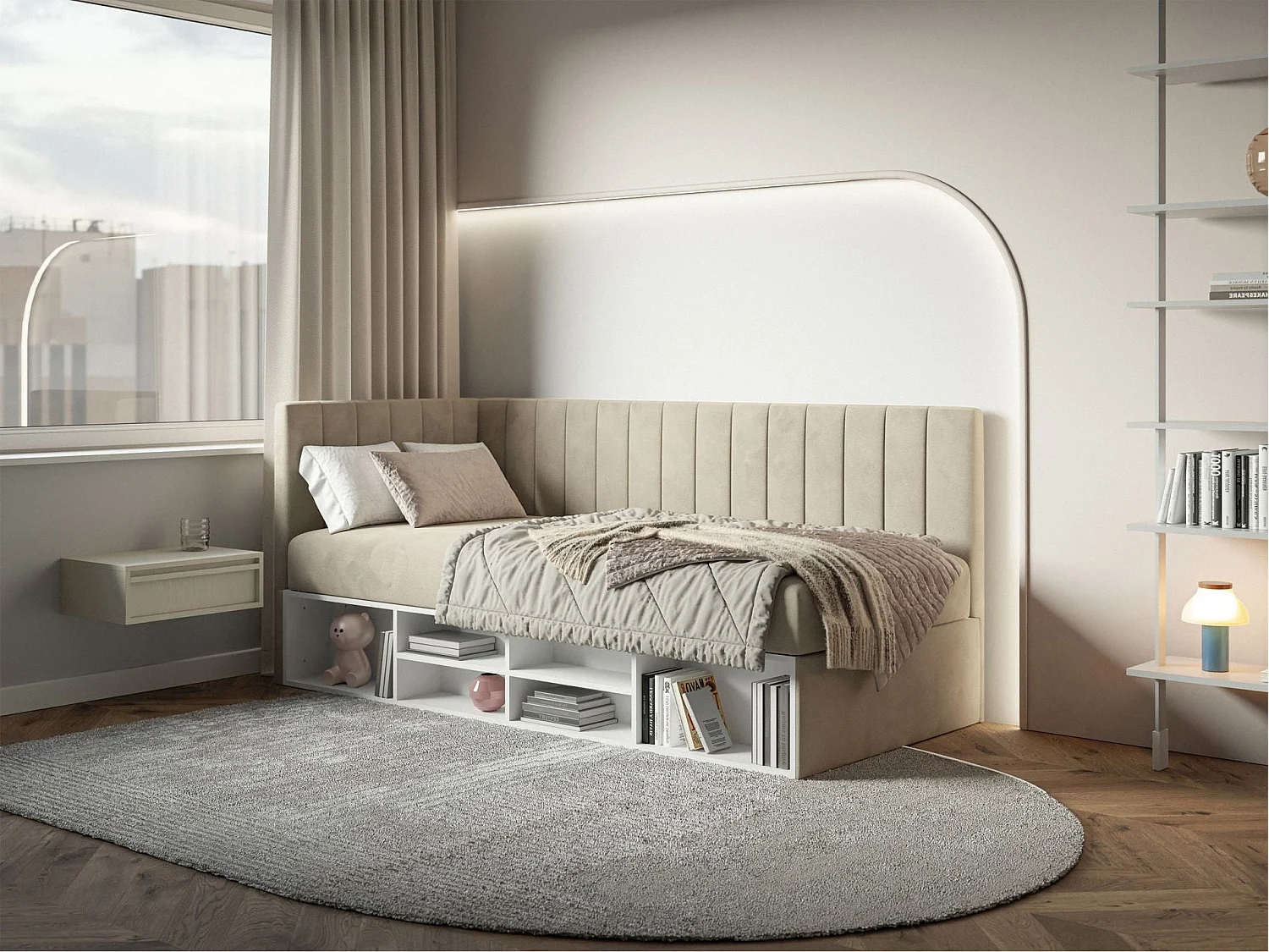 Lit ado avec rangement - beige clair - côté gauche - VENTRIO
