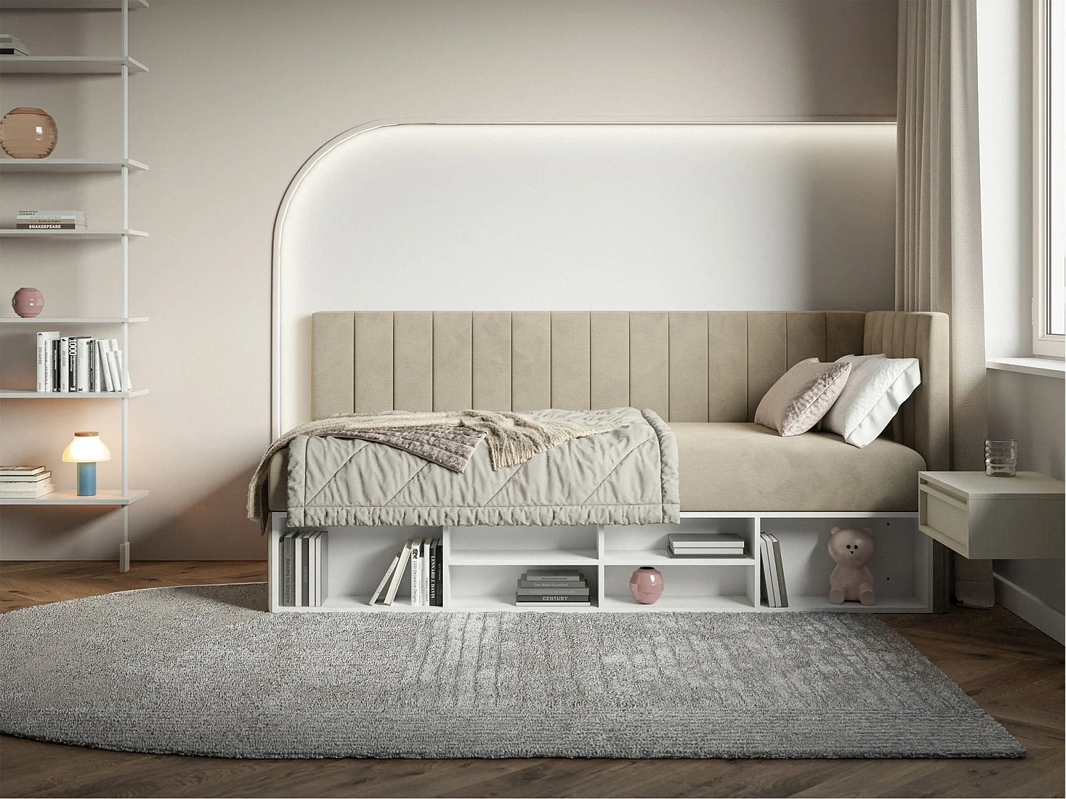 Jugendbett rechtsseitig mit Regalen, Easy-Clean-Samtbezug, greige - VENTRIO