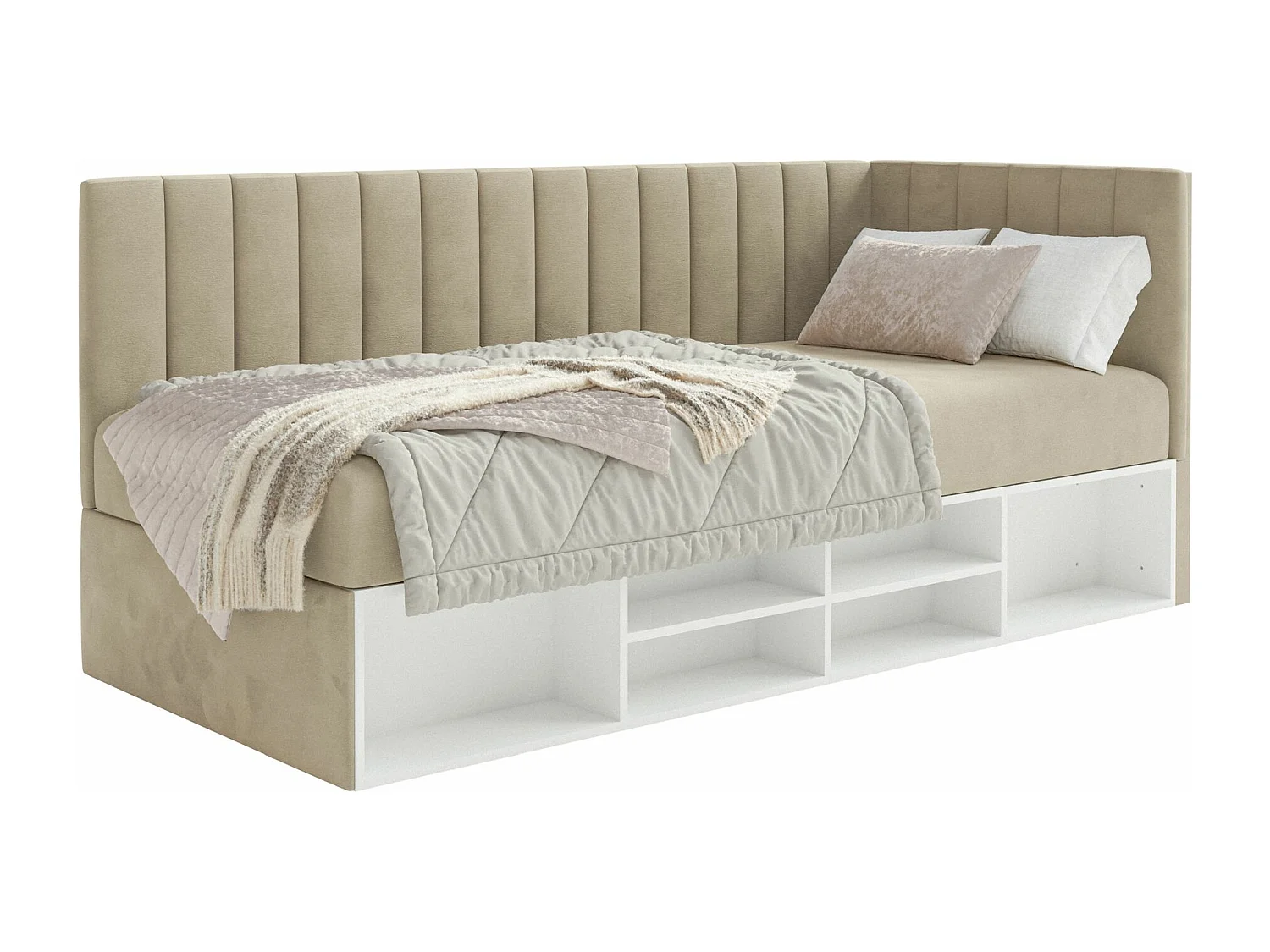 Jugendbett rechtsseitig mit Regalen, Easy-Clean-Samtbezug, greige - VENTRIO