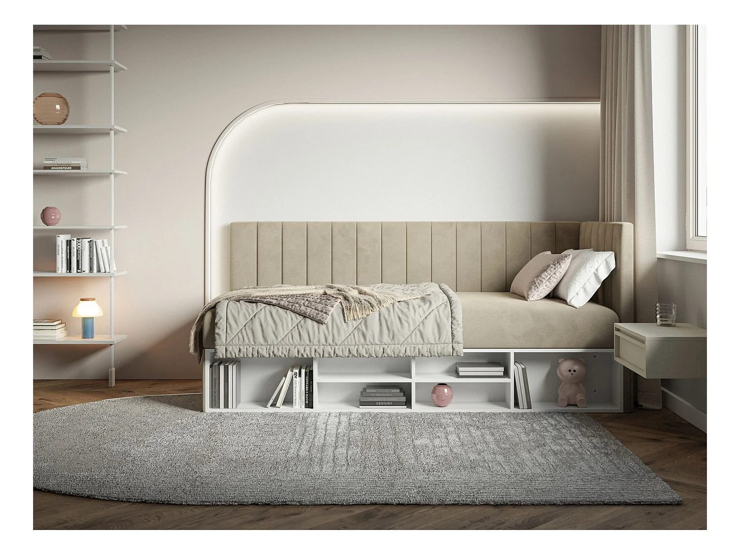Lit ado avec rangement - gris beige - côté droit - VENTRIO