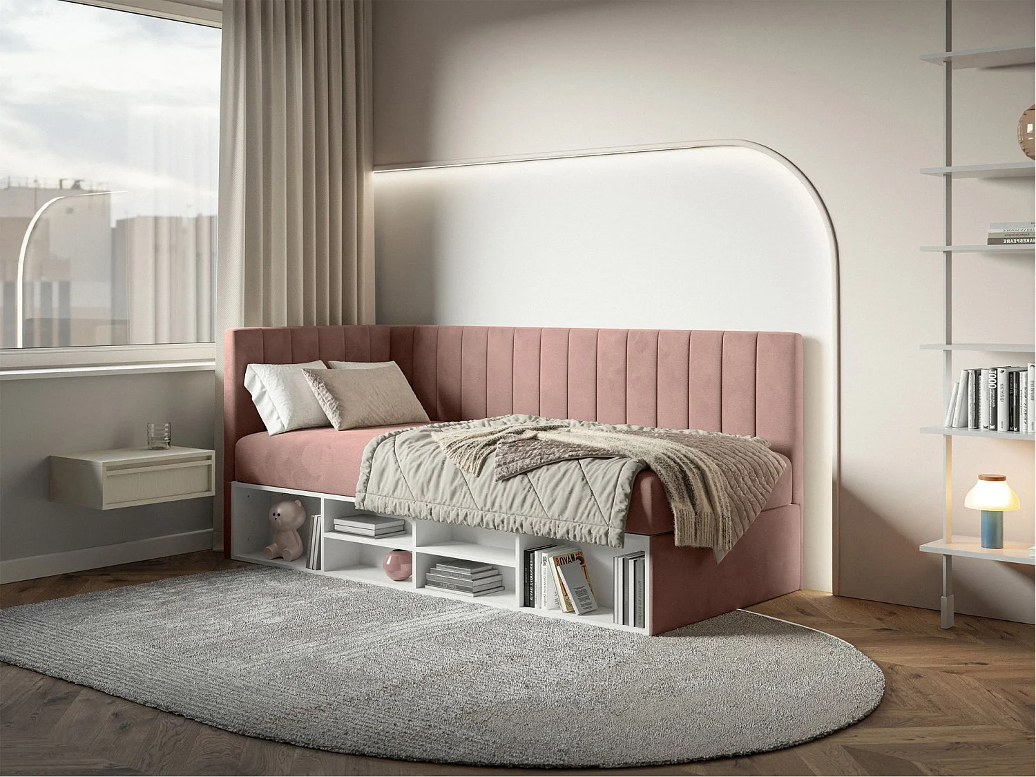 Tienerbed met opbergruimte - lichtroze - linkerzijde - VENTRIO