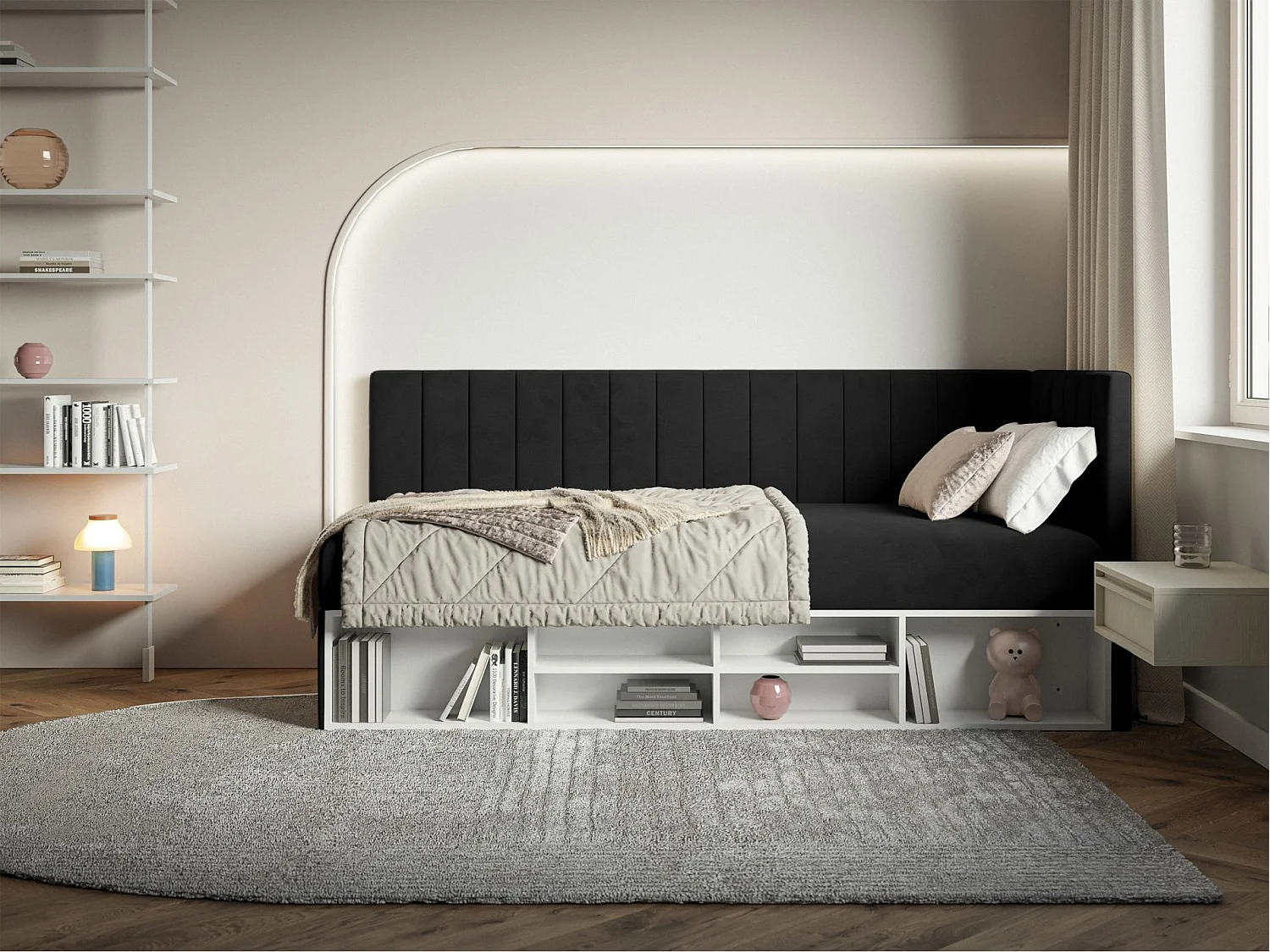 Jugendbett rechtsseitig mit Regalen, Easy-Clean-Samtbezug, schwarz - VENTRIO