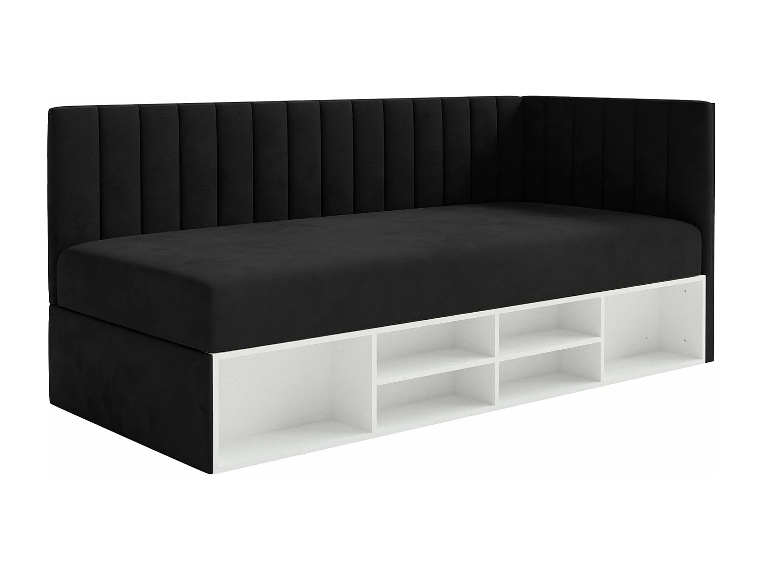 Jugendbett rechtsseitig mit Regalen, Easy-Clean-Samtbezug, schwarz - VENTRIO