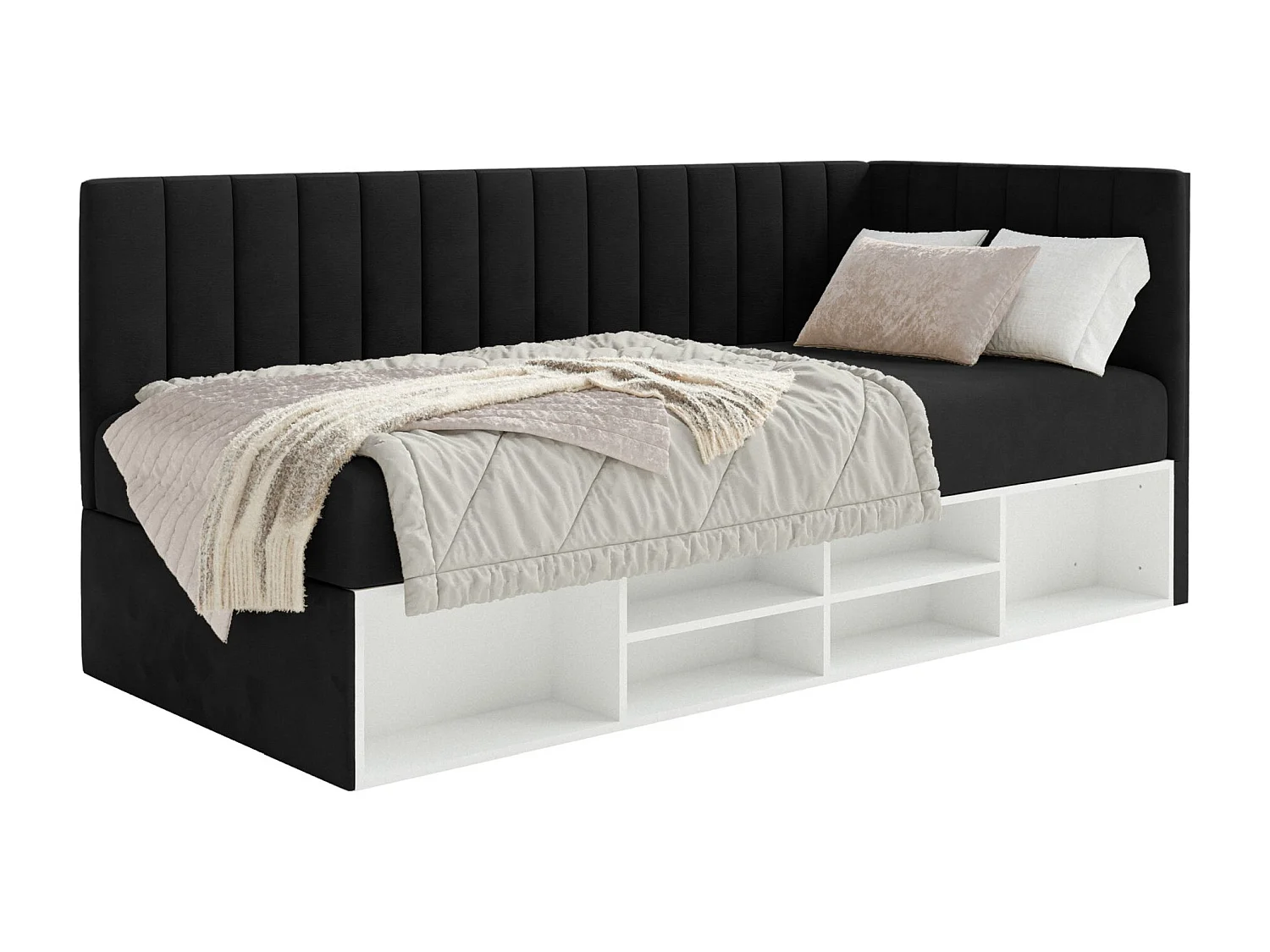 Jugendbett rechtsseitig mit Regalen, Easy-Clean-Samtbezug, schwarz - VENTRIO