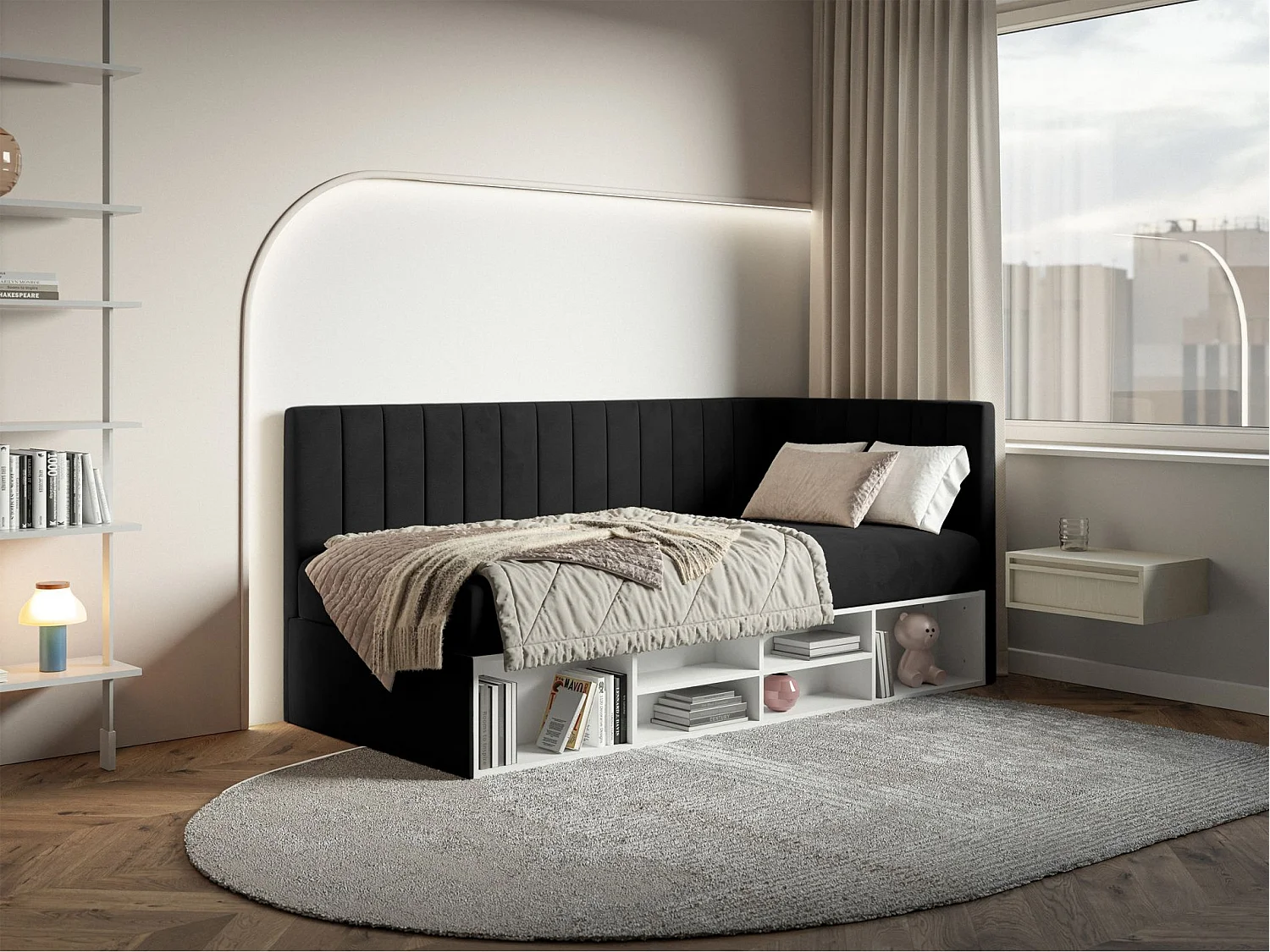 Tienerbed met opbergruimte - zwart - rechterkant - VENTRIO